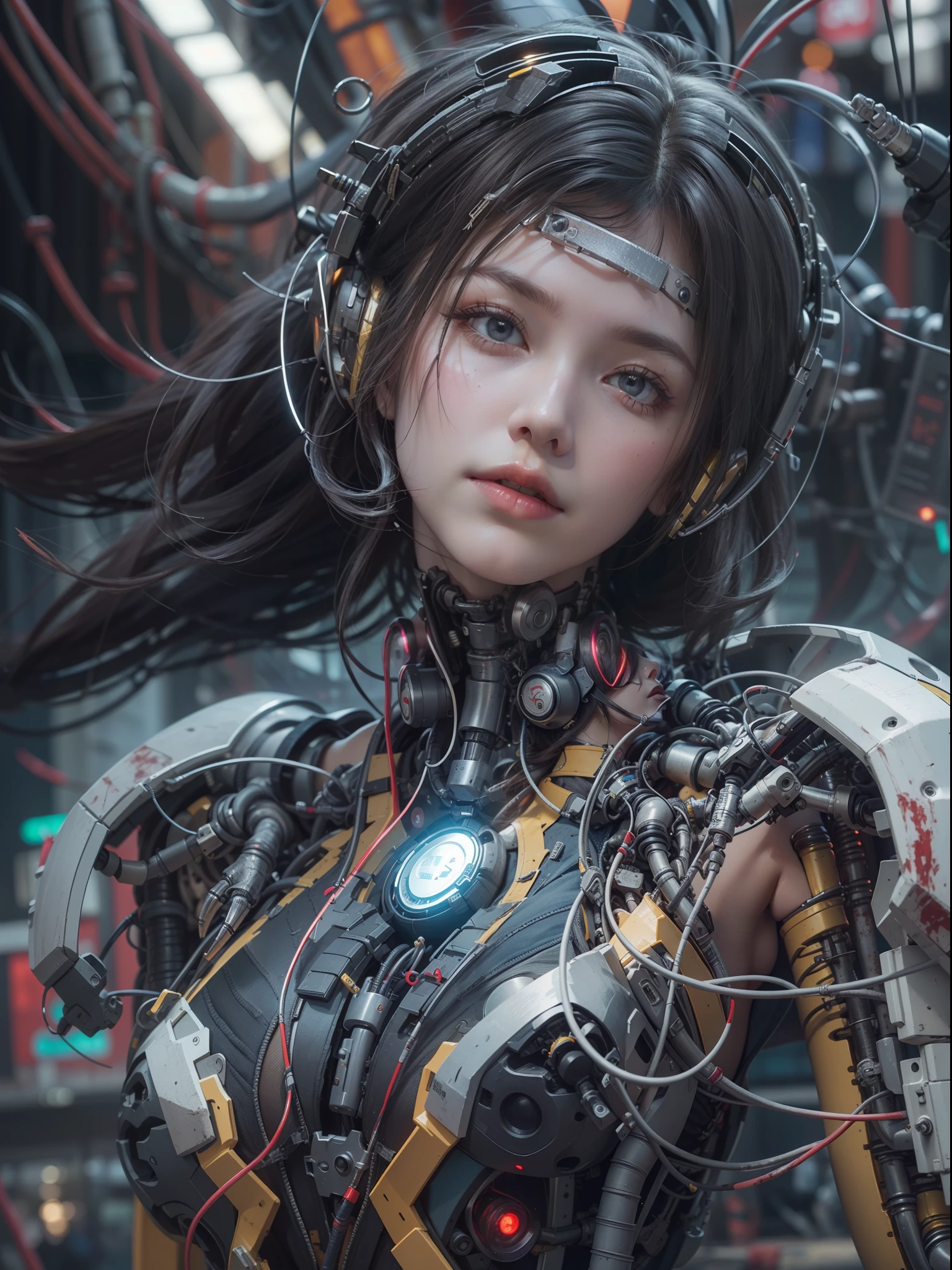 ((extremely delicate and beautiful cybernetic girl)), ((mechanical limbs)), (blood vessels connected to tubes), (mechanical vertebrae), ((mechanical cervical attaching to neck)), (wires and cables attaching to neck:1.2), ((mass of wires and cables on head)),  (character focus), (((dynamic pose))), ((cowboy shot)), (masterpiece), (((best quality))), ((ultra-detailed)), (highly detailed photorealistic CG illustration), cinematic lighting, science fiction, extremely detailed,colorful,highest detail, cyberpunk city background.