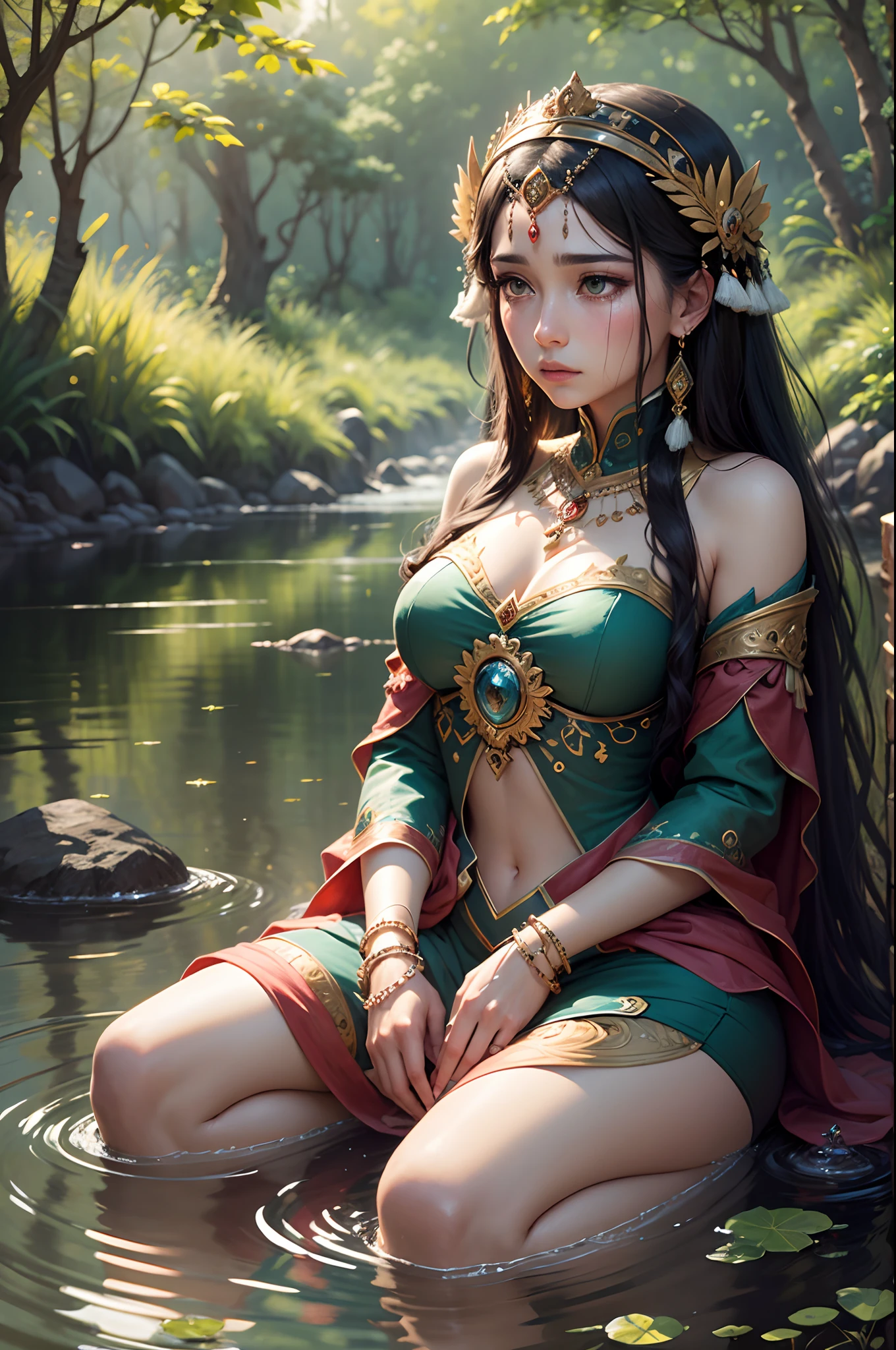 1girle, Chinese girl: 1.5, Ming dynasty girls, Perfect Body: 1.4, Buttocks: 1.2, (Layered hairstyle: 1.2)), highly detailed facial and skin texture, fullybody, detailed eye, Double eyelidd, Whiten skin, Long hair, (Round face: 1.5), seductive open lips, Ming Dynasty costumes, Ancient costume, The hand curled his hair slightly, Wearing a phoenix crown on his head, Wearing red and green spacer clothing, Stand on the ancient city tower, Someone downstairs is boating: 0.5, Cranes in the distance: 0.6, The Duanwu Festival, Overall green tone, colored inner hair, mole under eye, long pointy ears, smile, Pixar, ray tracing, rococo style, high detail, Fujicolor, cowboy shot, wide shot, high quality, super detail, anatomically correct, textured skin --auto --s2