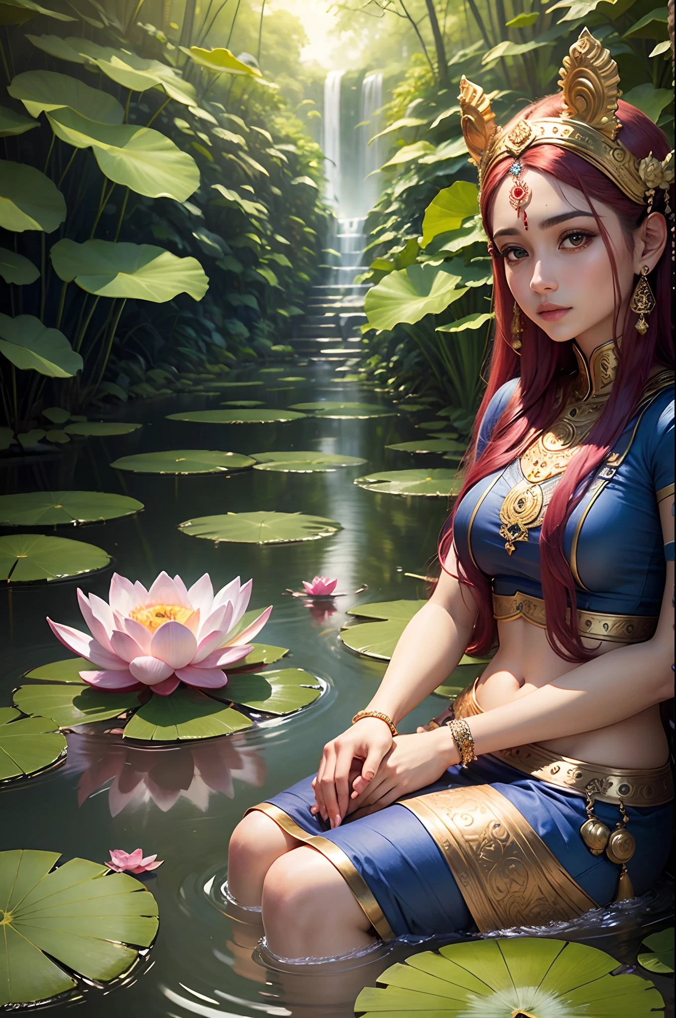 Ganesha with realistic feminine features, with a lotus flower in her left hand, sitting in a royal victory and nature background image, blue shirt, long red hair