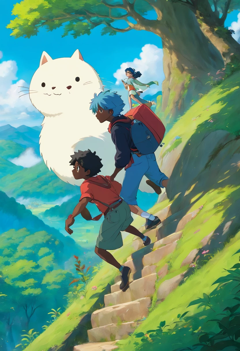 A young man with gray hair and a young man with black skin and blue hair, climbing a large hill, enchanted cat shows the way, enchanted cat points up, a large forest in the background. 3d, anime, masterpiece