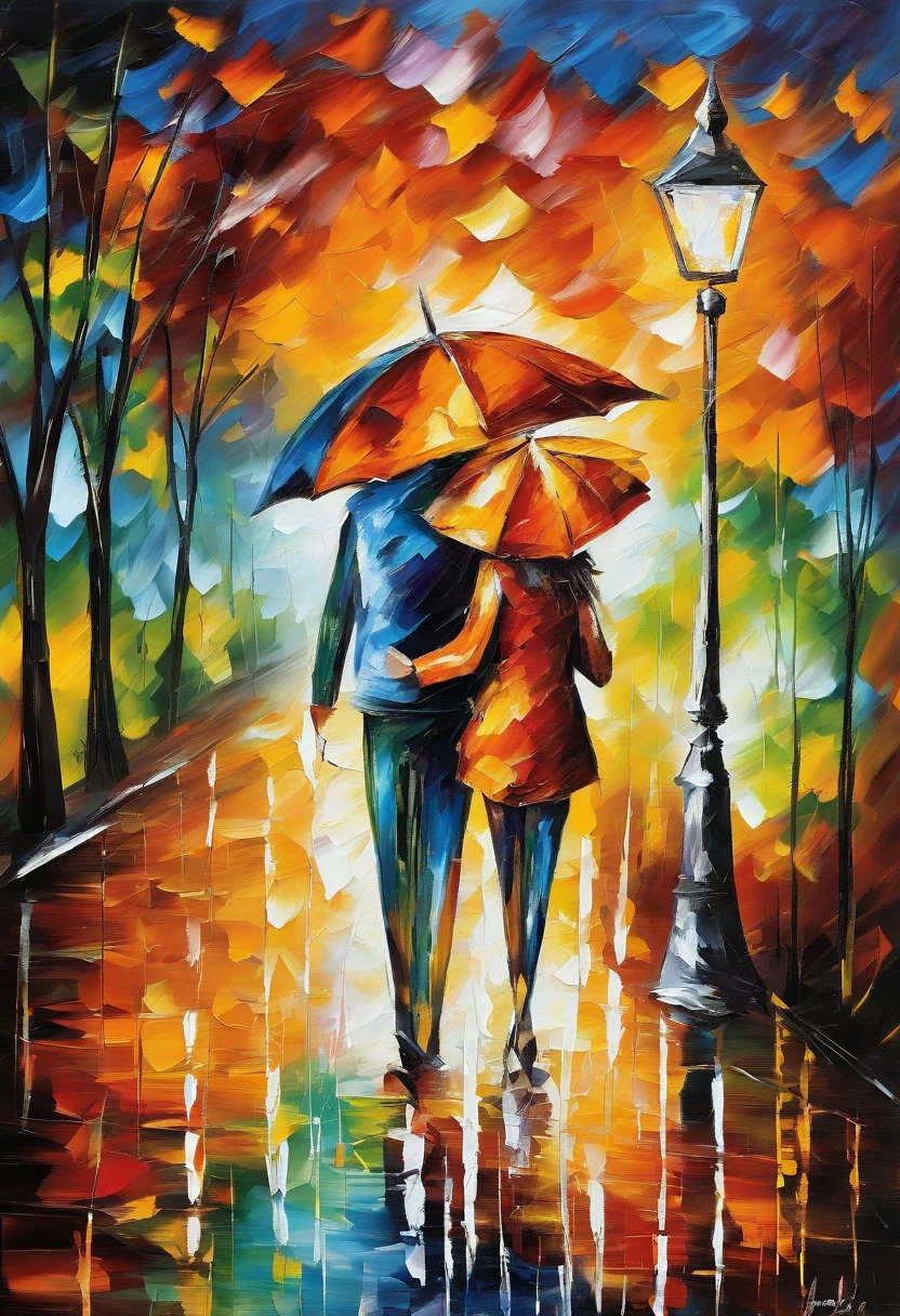 painting of a couple walking in the rain with an umbrella, afremov, romantic painting, afremov leonid, inspired by Leonid Afremov, style of leonid afremov”, style of leonid afremov, by Leonid Afremov, covered in oil painting, leonid afremov and tim white, painted with a palette knife. back, back socket