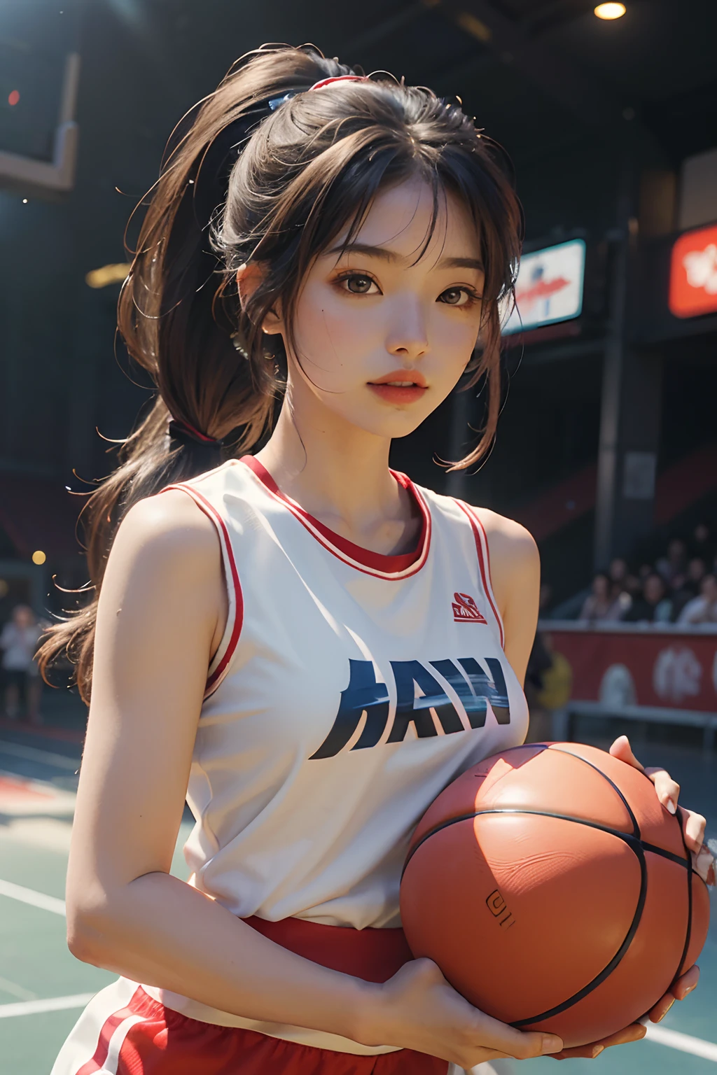 (girl wearing jersey number 10)|(1 girl wearing a size 10 shirt:1.5),jump,Violent buckle,(Basketball basket:1.2),perfect muscle lines,The perfect portrayal of sweat distribution,Bright ceilings