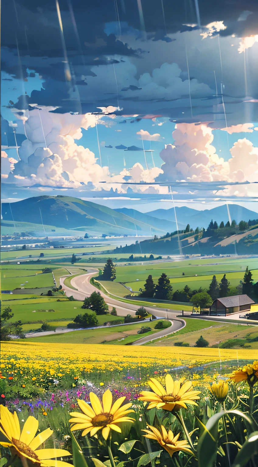 plains, Wide highways, Flowers and trees in the middle and on both sides of the road, Sunny and rainy, Half rainy and half sunny, Light through the clouds, Raindrops in the air, Mountains in the distance, Mountain vegetation