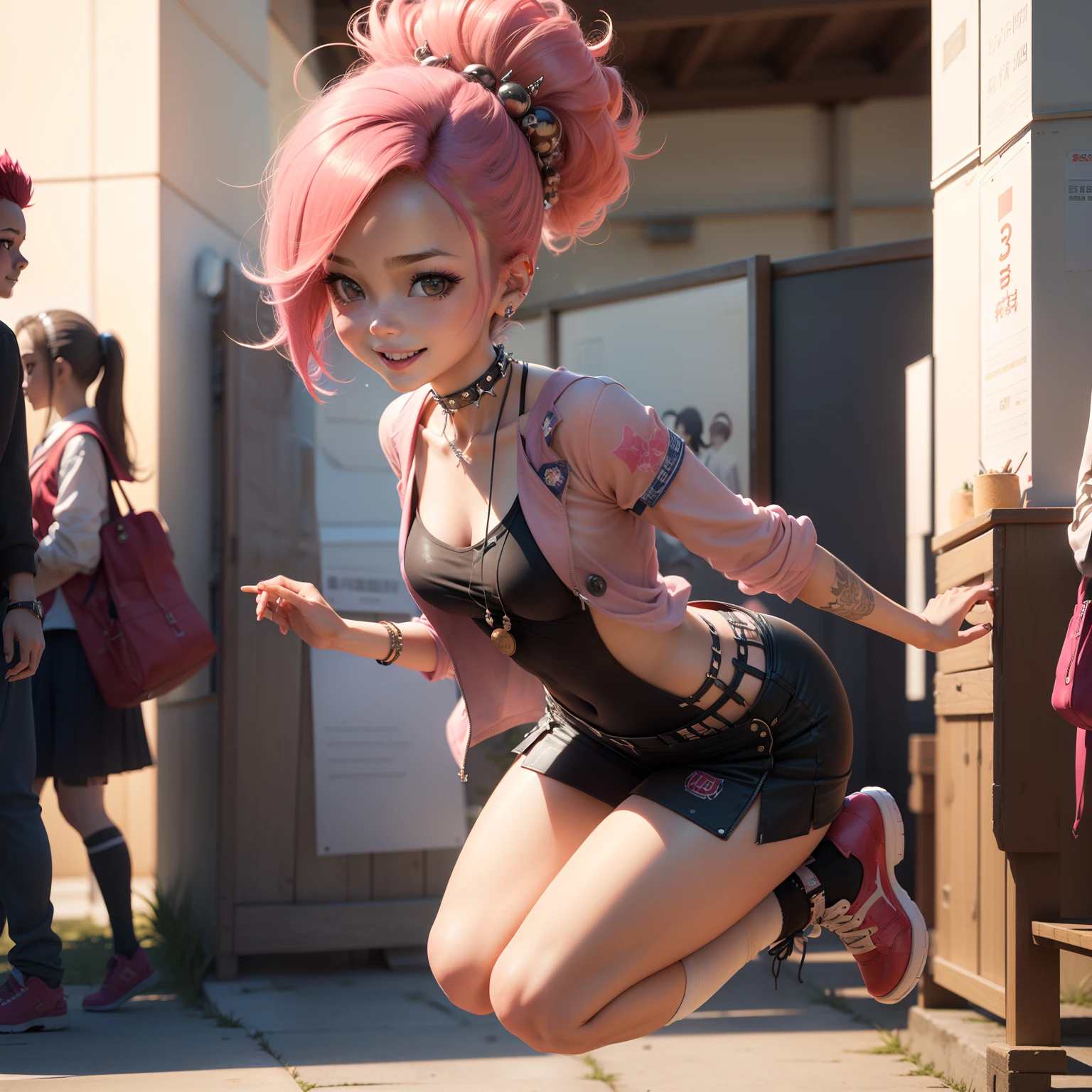 Cute Chibi Anime,(((chibi 3d))) (Best Quality) (Master Price)、(masutepiece:1.3), (punk fashion:1.5), (punk hair:1.2), (Lots of accessories:1.2), Kimono with geometric pattern, Looking at Viewer, 1girl in, Smile, Best Quality, ultra-detailliert, ultra-realism, Photographic, Sunlight, Realistic Shadows, Realistic lighting, Beautiful lighting, (the school festival at the high school:1.5) (tchibi:1.7) 、jumping