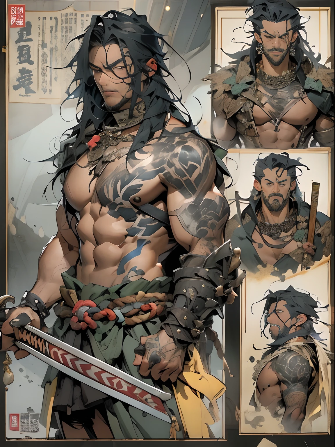 (((mtu))), (((best qualityer))), (((tmasterpiece))), (((AS-Adult))), ((( Japanese ))), Look up from your knees, Handsome Asian samurai,perfect body figure, Modern samurai, ((( Asian))), Wear gloves on your hands,The left arm is made of steel and metal tips,Made of protective devices, The eyes are pulled, (( Appears below the chest )), (( Small dental floss )), Simon Bisley, Almost naked(Simon Bisley)Castle City Wilderness,For high-resolution posters, hair straight, Minimum clothing, armure (Crazy clothes ), Full of tips and rivets, tribal tattoos, (((full bodyesbian))), Straight brunette hair,Colored hair ends