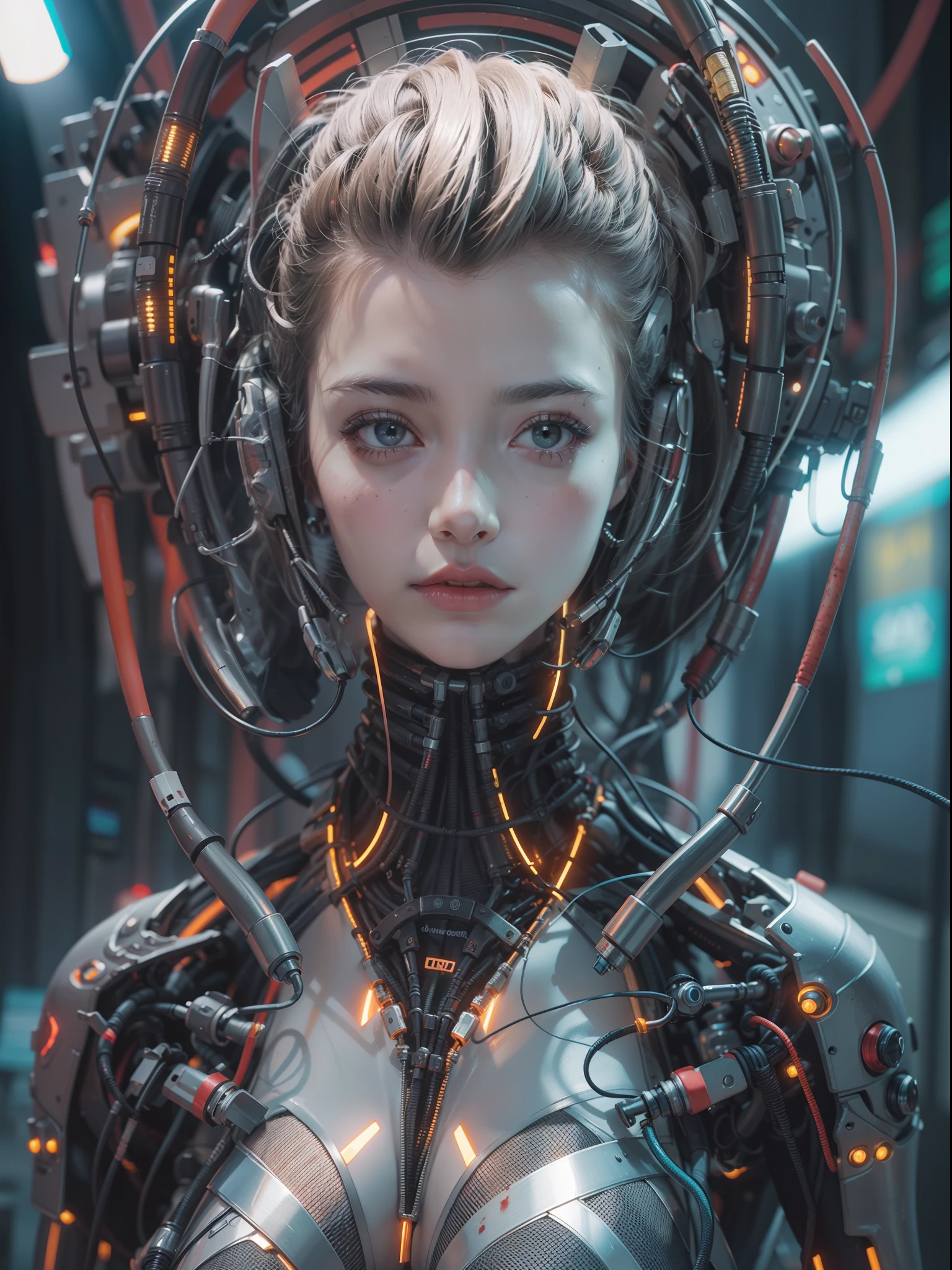 (beautiful cybernetic girl)), ((mechanical limbs)), (blood vessels connected to tubes), (mechanical vertebrae), ((mechanical cervical attaching to neck)), (wires and cables attaching to neck:1.2), ((mass of wires and cables on head)),  (character focus), (((dynamic pose))), (masterpiece), (((best quality))), ((ultra-detailed)), (highly detailed photorealistic CG illustration), cinematic lighting, science fiction, extremely detailed,colorful,highest detail, cyberpunk city background.