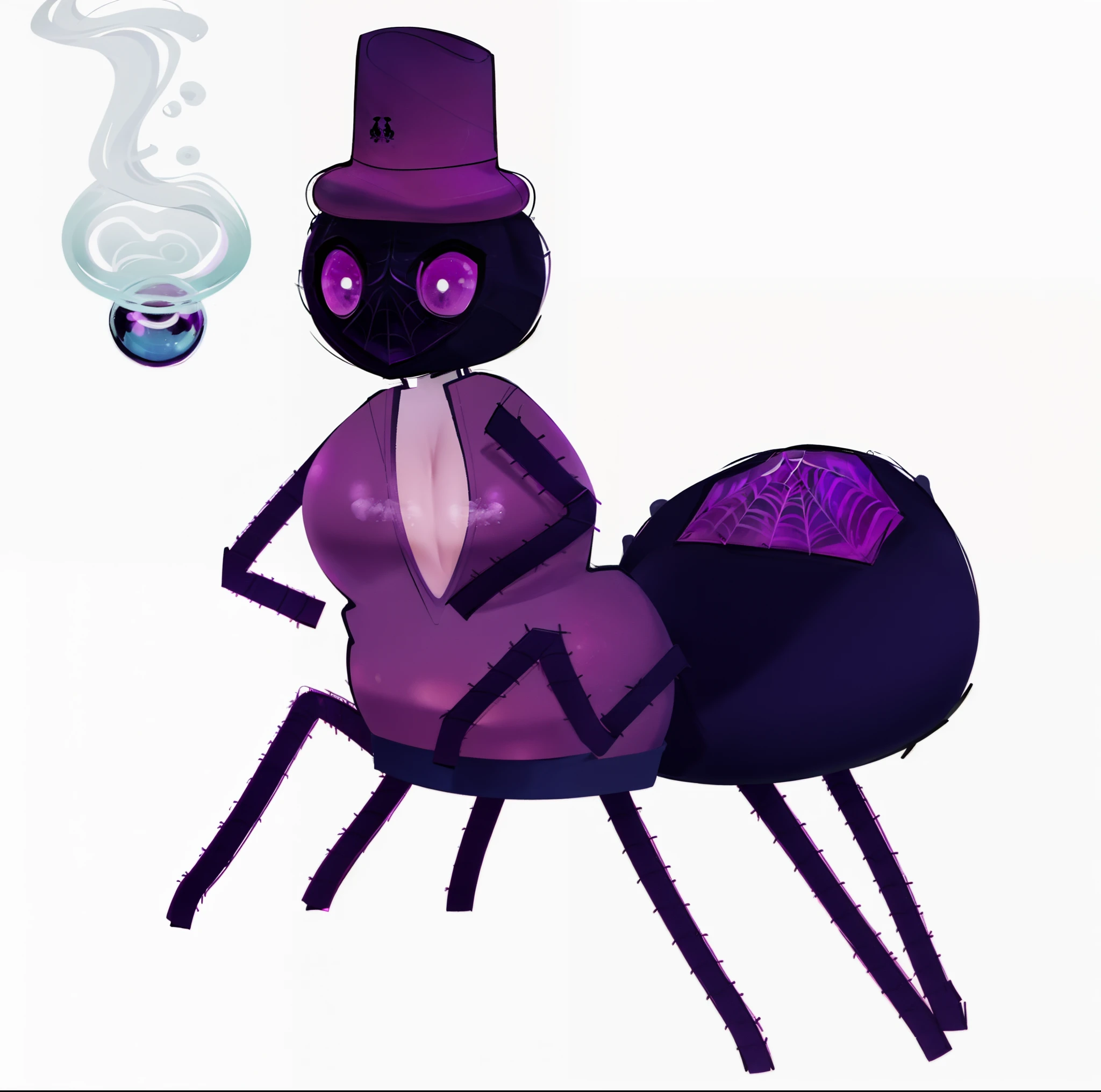 a cartoon spider with a purple hat and purple shirt, Farting, giant spider boobs, massive boos, smelly