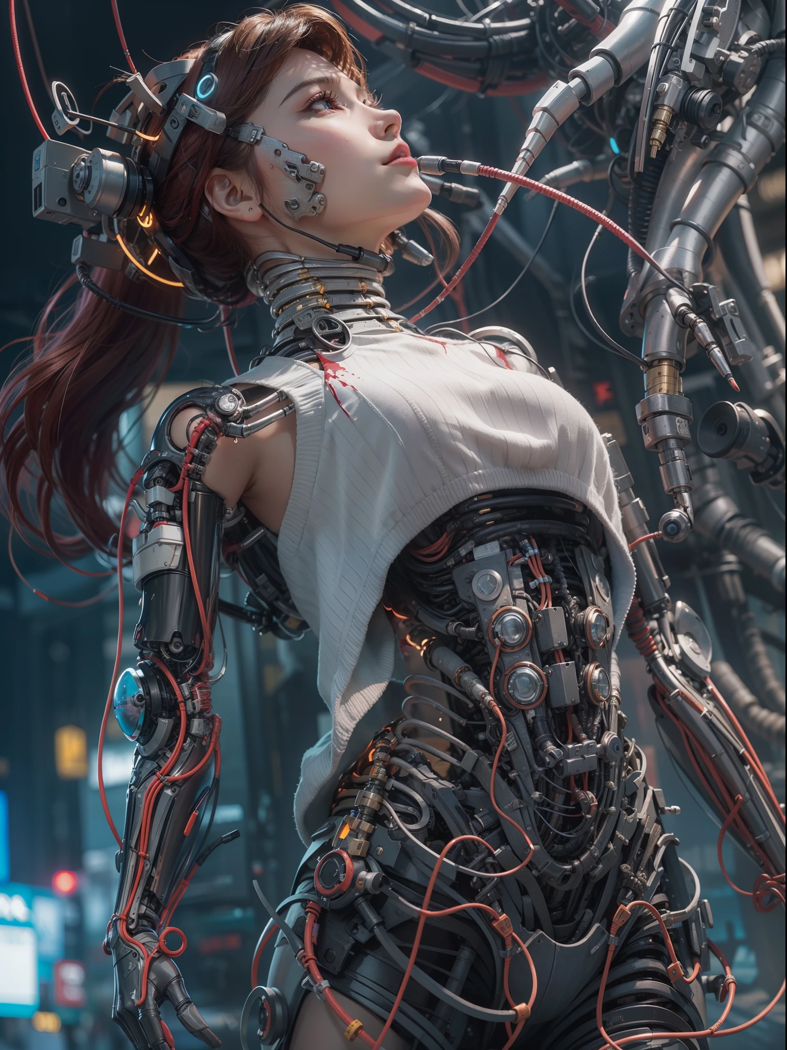 (masterpiece, top quality, best quality, official art, beautiful and aesthetic:1.2), (1girl:1.3), extreme detailed,colorful,highest detailed ((ultra-detailed)), (highly detailed CG illustration), ((an extremely delicate and beautiful)),(from side),cinematic light,((1mechanical girl)),solo,full body,(machine made joints:1.2),((machanical limbs)),(blood vessels connected to tubes),(mechanical vertebra attaching to back),((mechanical cervial attaching to neck)),(sitting),expressionless,(wires and cables attaching to neck:1.2),(wires and cables on head:1.2)(character focus),science fiction,white background,(blood:1.5)