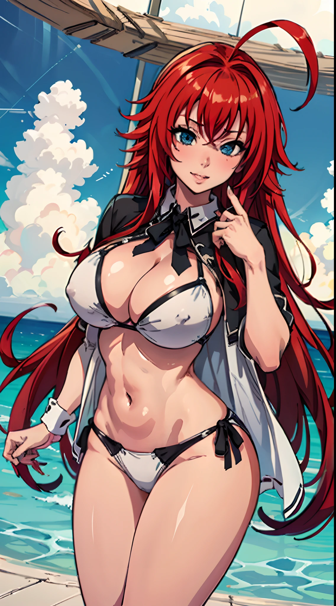 (best quality:1.3), Rias Gremory , peituda, clivagem,  sedutora, rosto sexy,  sexy, body curvy, bunda grande, peitos grandes,( blue skies) , bikini