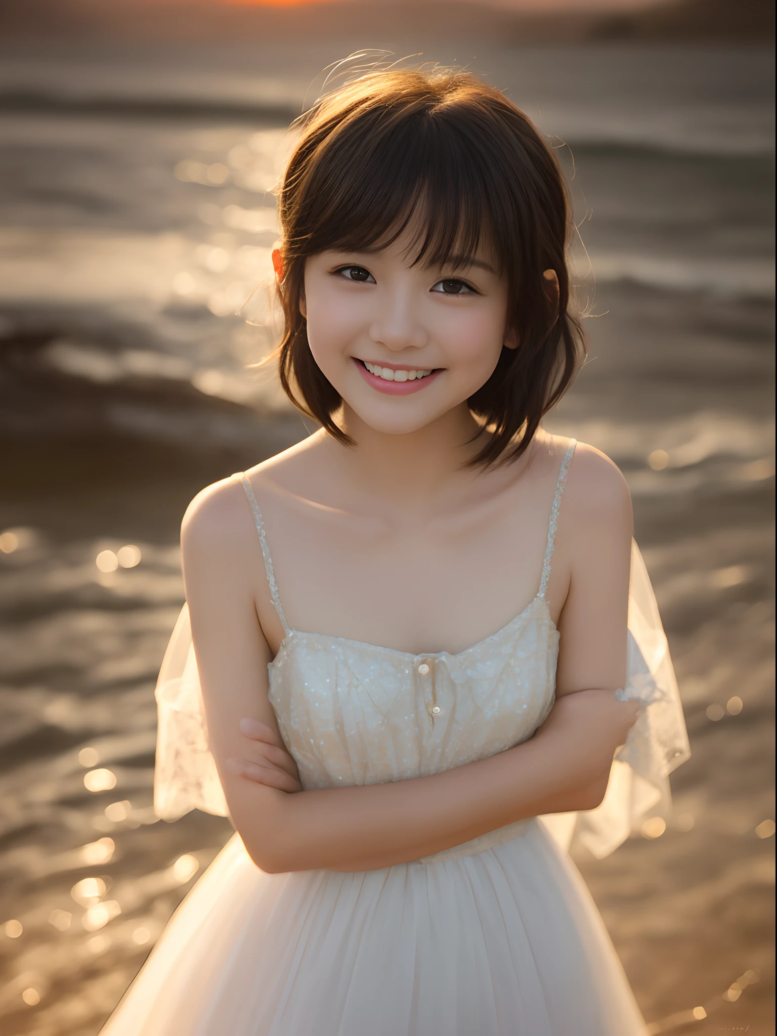 8K、Neat and clean girl, petiten, See-through clothes, (slim, Small, Flat, Small), Short black hair, Photorealistic, detail, (Detailed skin texture:1.2), Ultra Detail, Wear black sandals, delicate sexy collarbone, Smile, Super Detailed Face, Detailed lips, Detailed eyes, 10years old 、Delicatyebrows、Little baby face、Prgraphy、watching at viewers、Under the sea