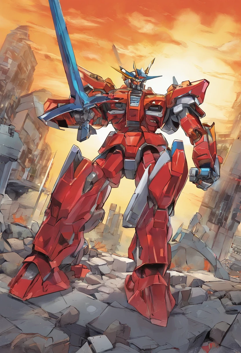 a close up of a robot with a sword and a fire, concept art of omegamon, digimon anime key art, cool mecha style, digimon key art, gurren lagan, super robot wars, mecha anime, mecha art, an anime large mecha robot, # mecha, mecha warrior, giant anime mecha, digimon