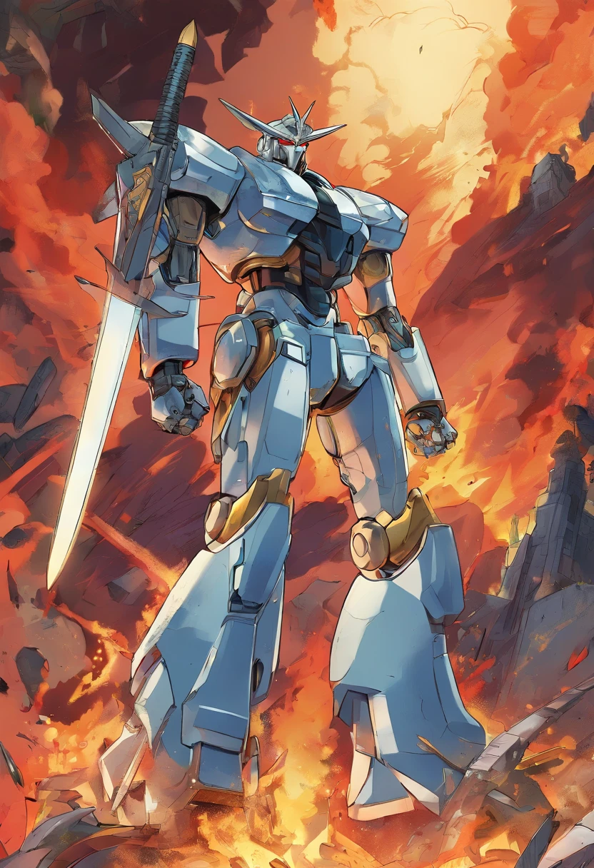 a close up of a robot with a sword and a fire, concept art of omegamon, digimon anime key art, cool mecha style, digimon key art, gurren lagan, super robot wars, mecha anime, mecha art, an anime large mecha robot, # mecha, mecha warrior, giant anime mecha, digimon