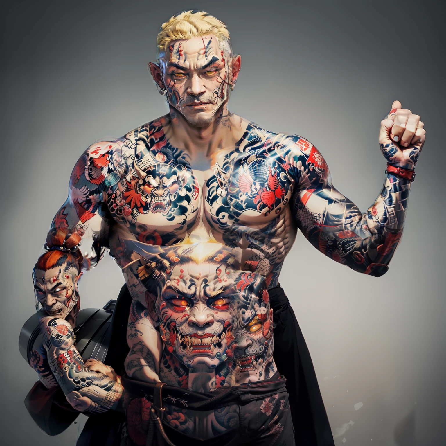 Irezumi tattoo, tattooed chest, fully tattooed chest, oni demon tattoo, oni irezumi tattoo, oni face on chest,