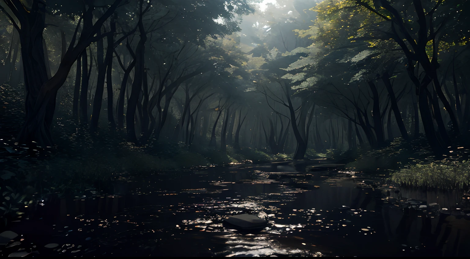 A stream in the middle of a forest, dry trees, dead trees, leafless trees, cloudy and dark day, masterpiece, best quality, high quality, extremely detailed CG unity 8k wallpaper, oil paiting, award winning photography, Bokeh, Depth of Field, HDR, bloom, Chromatic Aberration ,Photorealistic,extremely detailed, trending on artstation, trending on CGsociety, Intricate, High Detail, dramatic, art by midjourney, volumetric lighting