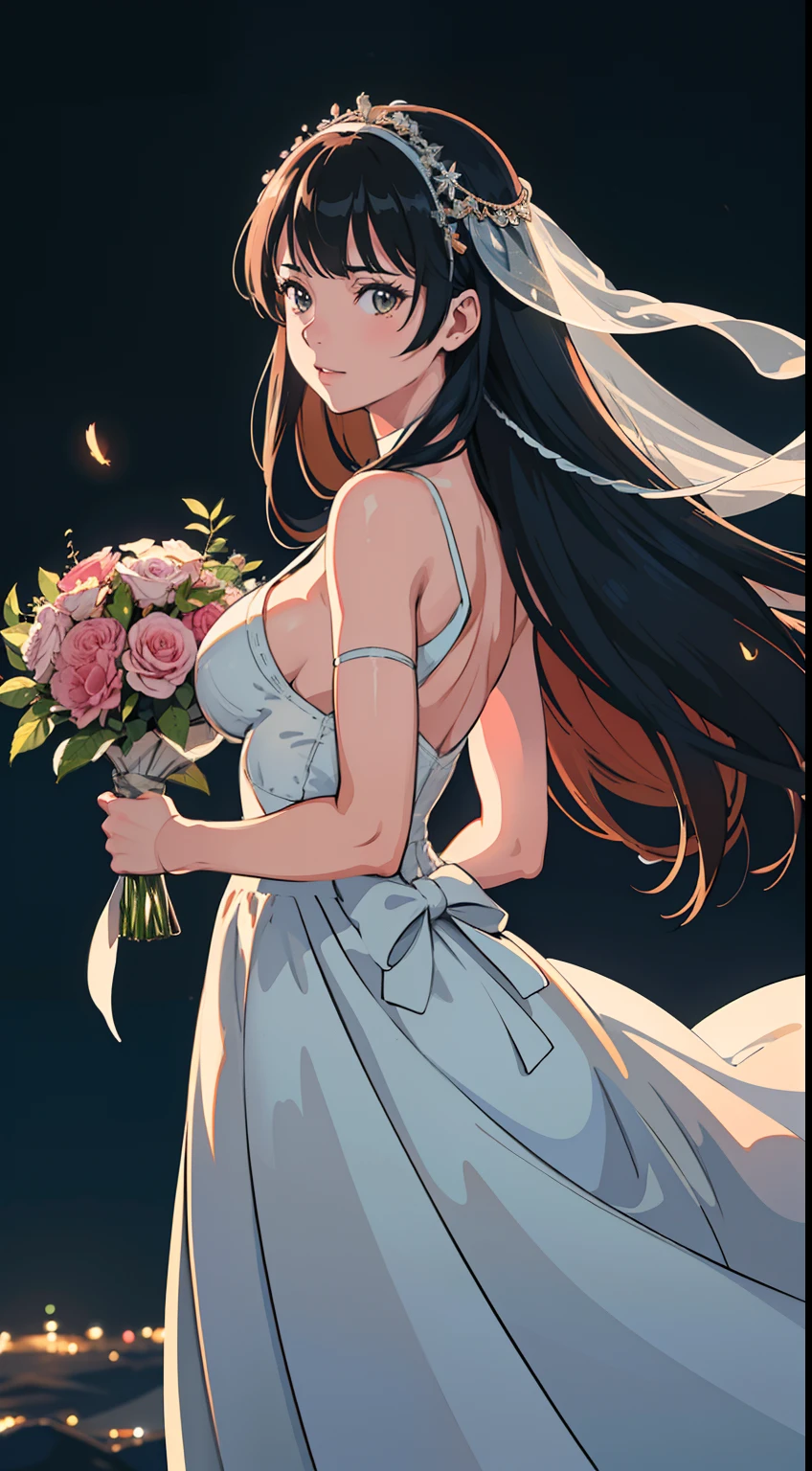 (masutepiece) Amazingly beautiful dressed as a bride、Portrayal of photorealism of a very happy woman, Throwing a bouquet into the air, Standing in a firefly field, Mirrors, photograph, Wonder, wonderment, Night, Cinematic lighting, Wonders of the sky, wonderment, Cinematic, 8K, evening, - No back view, empty, Stock Photo, Movie Still, Cinematic lighting. photo photo, In the style of Martin Scholler, detailed symmetric realistic face, extremely detailed natural texture, Peach Fuzz, Long hair, masutepiece, absurderes, nikon d850 film stock photograph, kodak portra 400 camera f1.6 lens, Extremely detailed, amazing, Fine detail, Rich colors, ultra realistic lifelike textures, Dramatic Lighting, unrealengine, Trending on ArtStation, cinestill 800 tungsten, Looking at the viewer, photographrealistic, Raw photo, TanvirTamim, High quality, hight resolution, Sharp Focus, Extremely detailed, Cinematic lighting, 8K UHD,-Imagine-