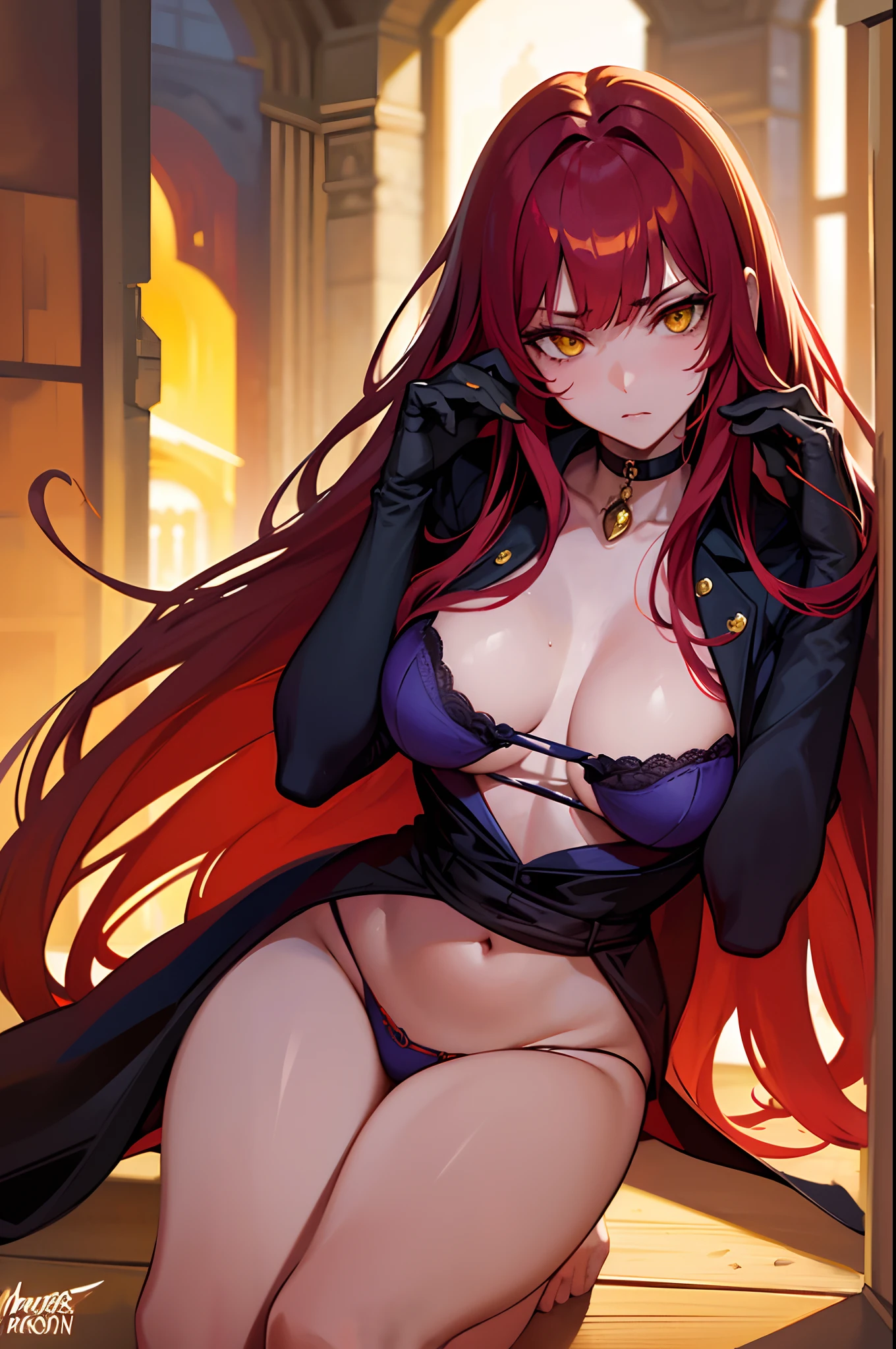 ((masterpiece)), ((best quality)), 1girl, long hair, big bust, an adult woman with very long red hair, kneel, ((bangs covering eyes)), upper body, close-up, wet skin, underwear, wavy hair, ((blue lingerie)), without pants, (night), long stockings, sexy lingerie, queen, alone, yellow eyes, serious, emotionless, ((seductress)), straight hair bangs, very long red hair, evil, (yellow eyes), flirtatious, front, moonlight, medium chest, head-to-waist portrait, cinematics, (solo), color oil painting, cinematic lighting, extremely detailed face, finely detailed face, beautiful face, beautiful eyes, perfect lighting, depth of field, (realistic proportions), (good anatomy)