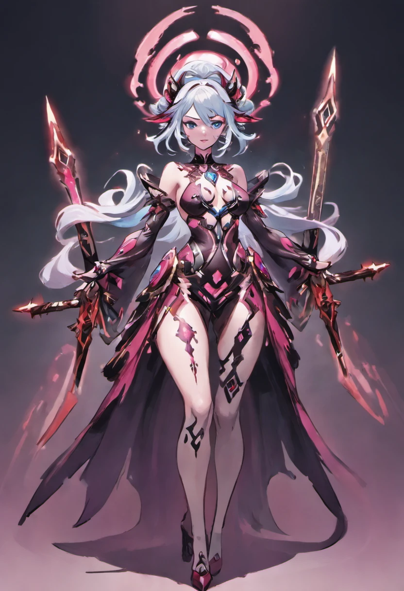 a close up of a woman in a costume holding a sword, masterpiece goddess of sorrow, official character art, cushart krenz key art feminine, onmyoji detailed art, onmyoji, beautiful full body concept art, ( ( character concept art ) ), of a beautiful female warframe, silver eyes full body, dark sorceress fullbody pose