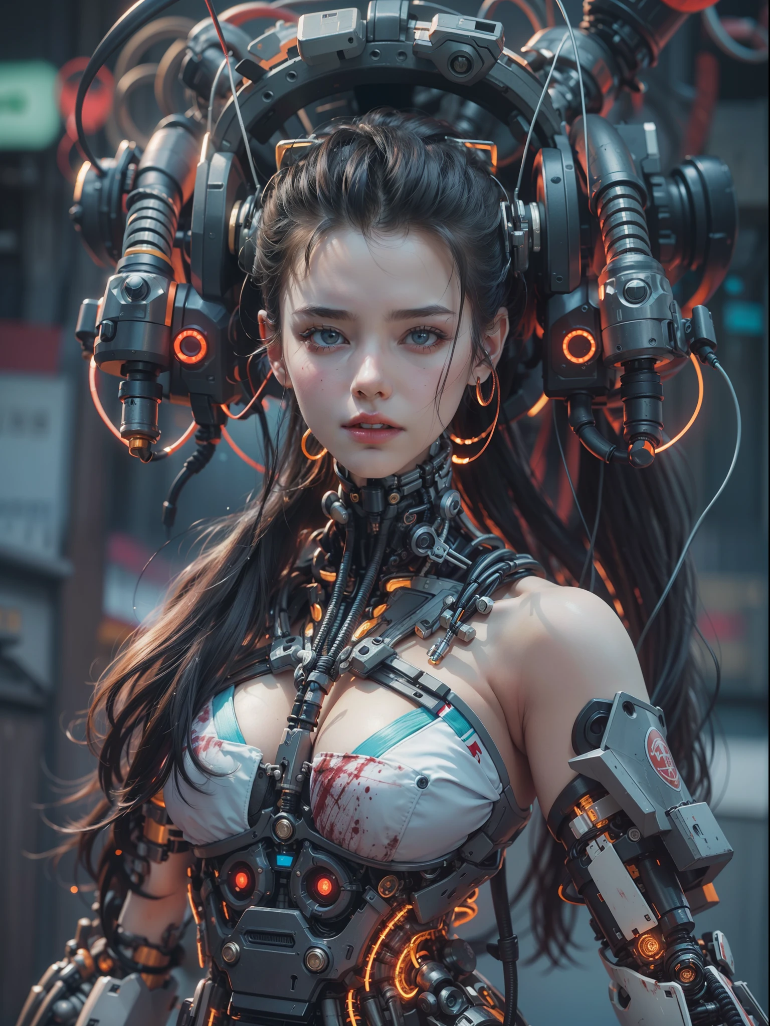((beautiful cybernetic girl)), ((mechanical limbs)), (blood vessels connected to tubes), (mechanical vertebrae), ((mechanical cervical attaching to neck)), (wires and cables attaching to neck:1.2), ((mass of wires and cables on head)), (character focus), (((dynamic pose))), ((cowboy shot)), (masterpiece), (((best quality))), ((ultra-detailed)), (highly detailed photorealistic CG illustration), cinematic lighting, science fiction, extremely detailed,colorful,highest detail, cyberpunk city background.