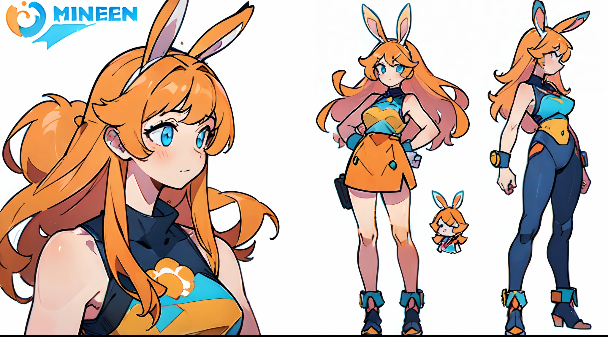 ((Best Quality)), ((Masterpiece)), ((Realistic)) ((Best Quality)), ((Masterpiece)), ((Realistic)) 1woman, cute face, adult mature female (spiky bangs,) ((orange-pink mullet 1.1)), (long hair), blue eyes, (white/yellow pupil,) hero, sleeveless blue swimsuit, long orange-pink (((rabbit ears,))) , relaxed happy face ((slender)) (busty), (((detailed character sheet, frontal view, side view, three quarter view))) (((white background))) 8 and a half heads full body