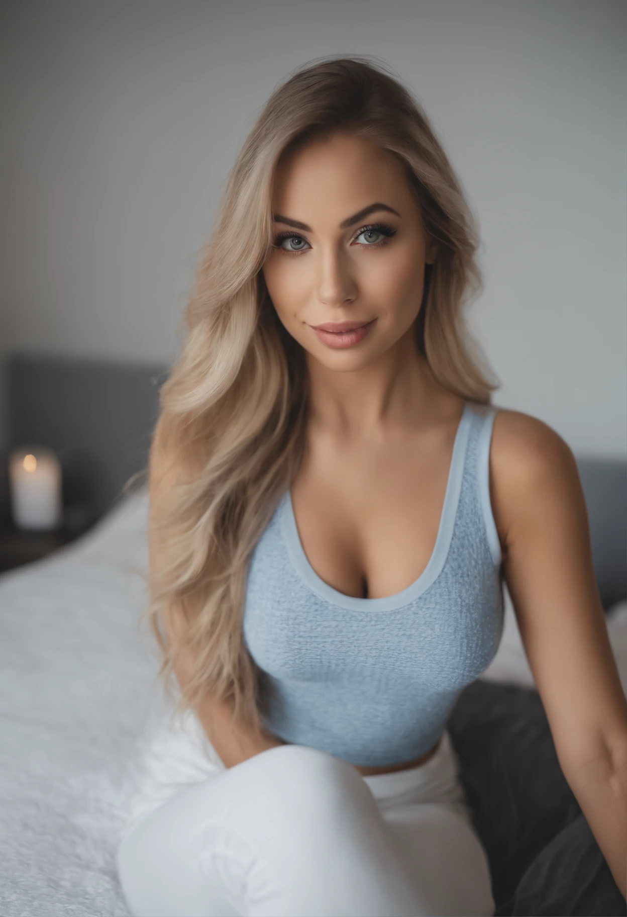 woman with matching tank top and panties, Sexy girl with blue eyes, portrait sophie mudd, portrait corinna kopf, blonde hair and large eyes, Selfie einer jungen Frau, Augen im Schlafzimmer, Violet Myers, ohne Make-up, Natural makeup, Blick direkt in die Kamera, Gesicht mit Artgram, dezentes Make-up, Stunning full body shot, im Schlafzimmer, Spaltung