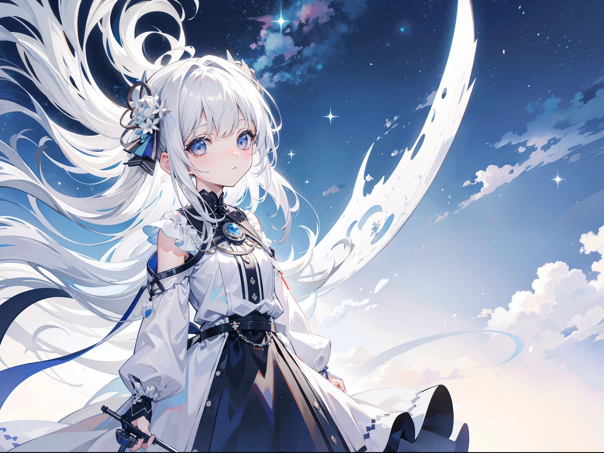 The background is a city, perfect gray hair girl, in dress, White-haired, white haired god, Cute anime waifu wearing beautiful clothes, Gray-haired, best anime 4k konachan wallpaper, little curve lolivez on Pixiv Art Station, white-haired girl, nightcore, Stand on a tree, Looking up at the stars, hyperdetailed face