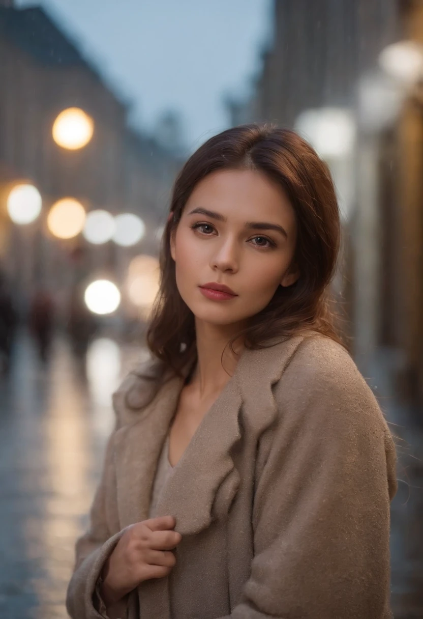 Girl on a rainy night，Front lens，Street background （Close-up Shot Shot：1.6），best qualtiy，f / 1 HD photography T bokeh，Depth of field Macro The atmosphere is sad, small pointy ears