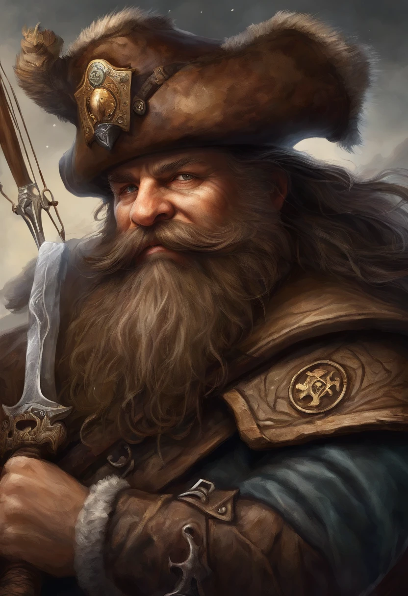 a carton pirate seen from the front Dwarf steampunk, medieval fantasy dwarf, forte, gordura, com cabelo preto e barba comprida, graxa roupas sujas, um olhar louco, corpo inteiro, sozinho, fantasia, Dwarf Medieval RPG, Closeup portrait of a pirate with hat and beard, Dwarf beard, imagem 4k, 超A high resolution, Dentro do Navio, There's a Kraken behind it, detalhes altos, melhor qualidade, 16k, [ultra detalhado], master part, melhor qualidade, (extremamente detalhado), corpo inteiro, fotorrealista, arte de fantasia, Arte de RPG, d&d arte, an image of a dwarf on his ship (detalhes intensos, melhor qualidade), dwarf male fantasy (detalhes intensos, master part, melhor qualidade),(detalhes intensos, master part, melhor qualidade), brown hair, dynamic eye color, Face Ultra detalhada (detalhes intensos, master part, melhor qualidade), barba longa, barba marrom, Flyweight Arms, wearing pirate hat, holding a sword in his hand, Espada tem runas MGICAL, brilhante (detalhes intensos, master part, melhor qualidade), dentro do navio (detalhes intensos, master part, melhor qualidade), Kraken from behind (detalhes intensos, master part, melhor qualidade), navio (detalhes intensos, master part, melhor qualidade), Very high detail, Ultra alta qualidade, high resolution, 16k resolution, Fotos Ultra Hd, ultra realistic, detalhes claros, detalhe realista, Ultra High Definition