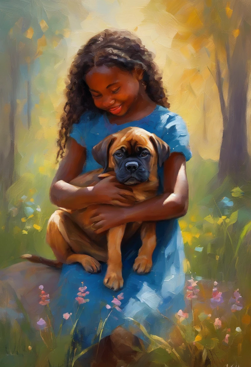 Masterpiece: A cute happy freckled 8-year-old dark ebony black girl, with braided hair, hugs a bullmastiff puppy, million dew drops, in a calm park, serenity, charm, bokeh
