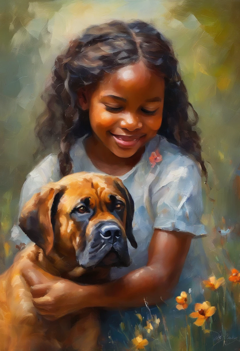 Masterpiece: A cute happy freckled 8-year-old dark ebony black girl, with braided hair, hugs a bullmastiff puppy, million dew drops, in a calm park, serenity, charm, bokeh