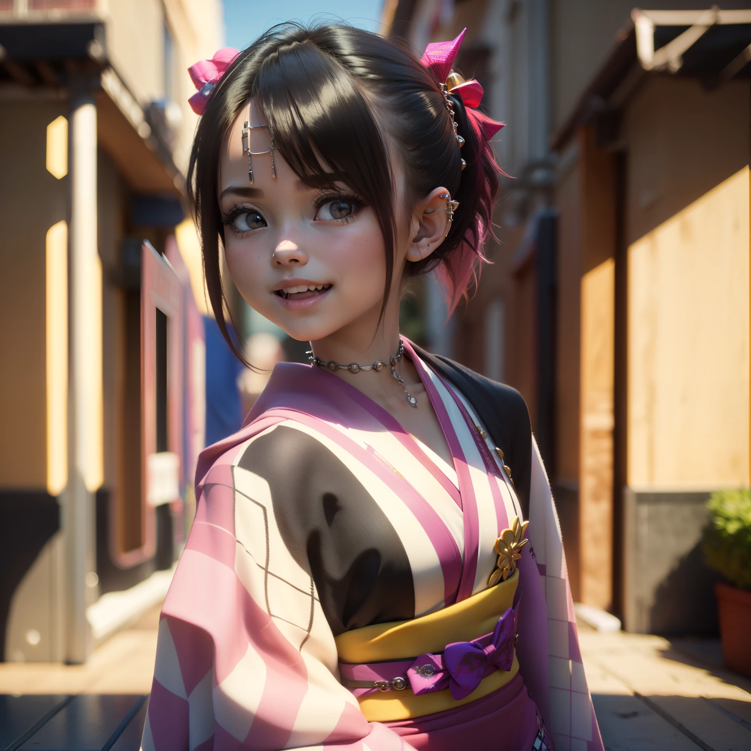 Cute Chibi Anime,(((Chibi 3D))) (Best Quality) (Master Price)、(masutepiece:1.3), (punk fashion:1.5), (punk hair:1.2), (Lots of accessories:1.2), Kimono with black background geometric pattern, Looking at Viewer, 1girl in, Open your mouth and smile, Ultra-Realism, Photographic, Sunshine, (the school festival at the high school:1.5) (tchibi:1.7) 、Jumping