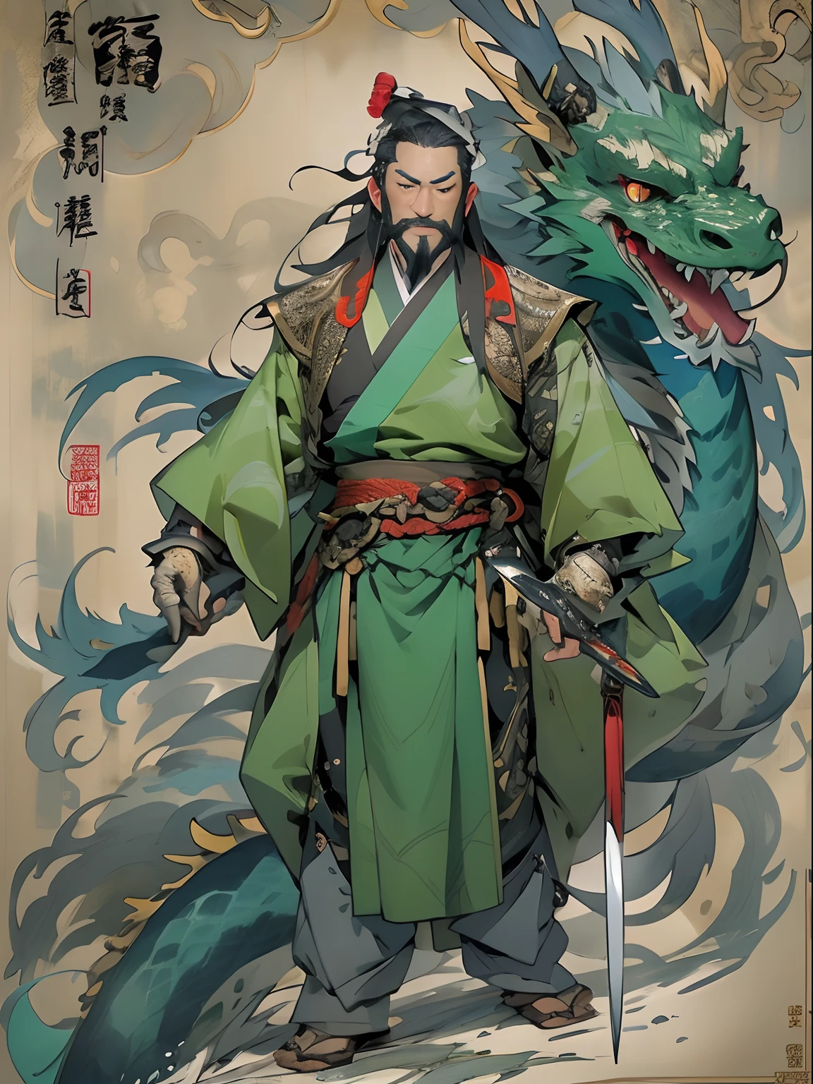 (((China-style，Ink painting method，Half-length portrait，Intense color，Han dynasty, China，Hanfu，Armor，Guan yu，Guan Yunchang，of a guy，Ruddy killing square face，Hold the Blue Dragon Moon Knife in his right hand，Stroke your beard with your left hand，Long hair，petty eyes，Green robe))), (((best qualityer))), (((tmasterpiece))), (((AS-Adult))), ((( Japanese ))), Look up from your knees, Handsome Asian samurai，perfect body figure, Modern samurai, ((( Asian))), Wear gloves on your hands，The left arm is made of steel and metal tips，Made of protective devices, The eyes are pulled, (( Appears below the chest )), (( Small dental floss )), Simon Bisley, Almost naked（Simon Bisley）Castle City Wilderness，For high-resolution posters, hair straight, Minimum clothing, armure (Crazy clothes ), Full of tips and rivets, tribal tattoos, (((full bodyesbian))), Straight brunette hair，Colored hair ends