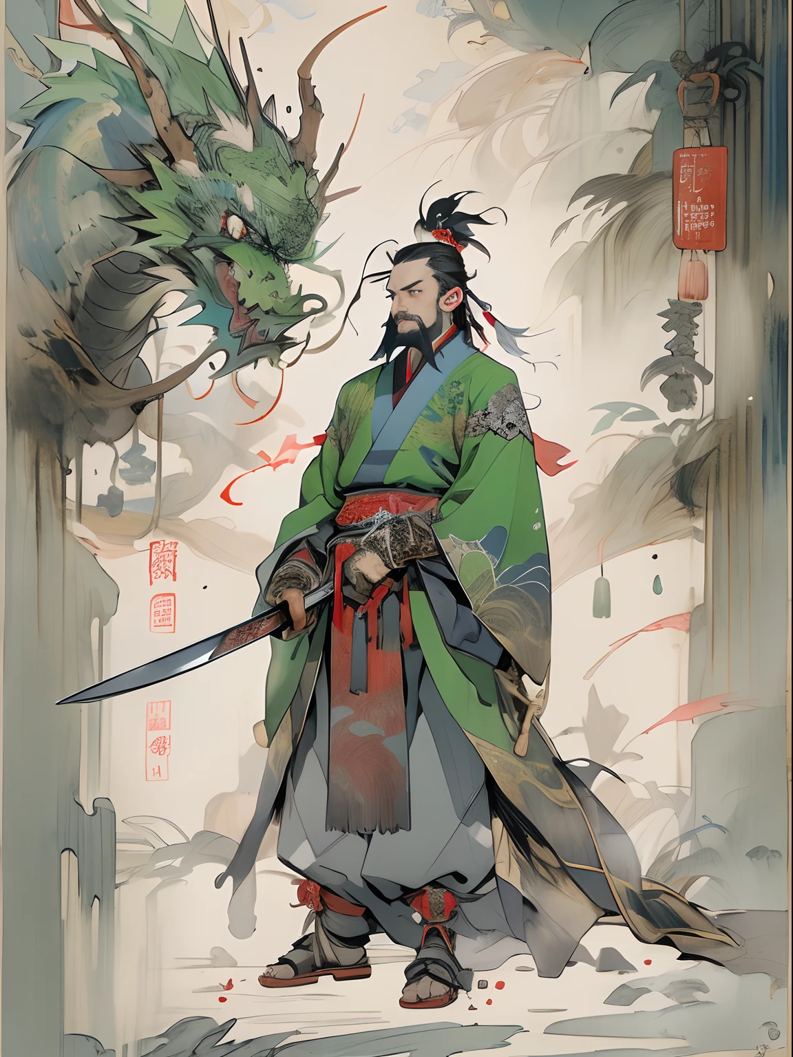 (((China-style,Ink painting method,Half-length portrait,Intense color,Han dynasty, China,Hanfu,Armor,Guan yu,Guan Yunchang,of a guy,Ruddy killing square face,Hold the Blue Dragon Moon Knife in his right hand,Stroke your beard with your left hand,Long hair,petty eyes,Green robe))), (((best qualityer))), (((tmasterpiece))), (((AS-Adult))), ((( Japanese ))), Look up from your knees, Handsome Asian samurai,perfect body figure, Modern samurai, ((( Asian))), Wear gloves on your hands,The left arm is made of steel and metal tips,Made of protective devices, The eyes are pulled, (( Appears below the chest )), (( Small dental floss )), Simon Bisley, Almost naked(Simon Bisley)Castle City Wilderness,For high-resolution posters, hair straight, Minimum clothing, armure (Crazy clothes ), Full of tips and rivets, tribal tattoos, (((full bodyesbian))), Straight brunette hair,Colored hair ends