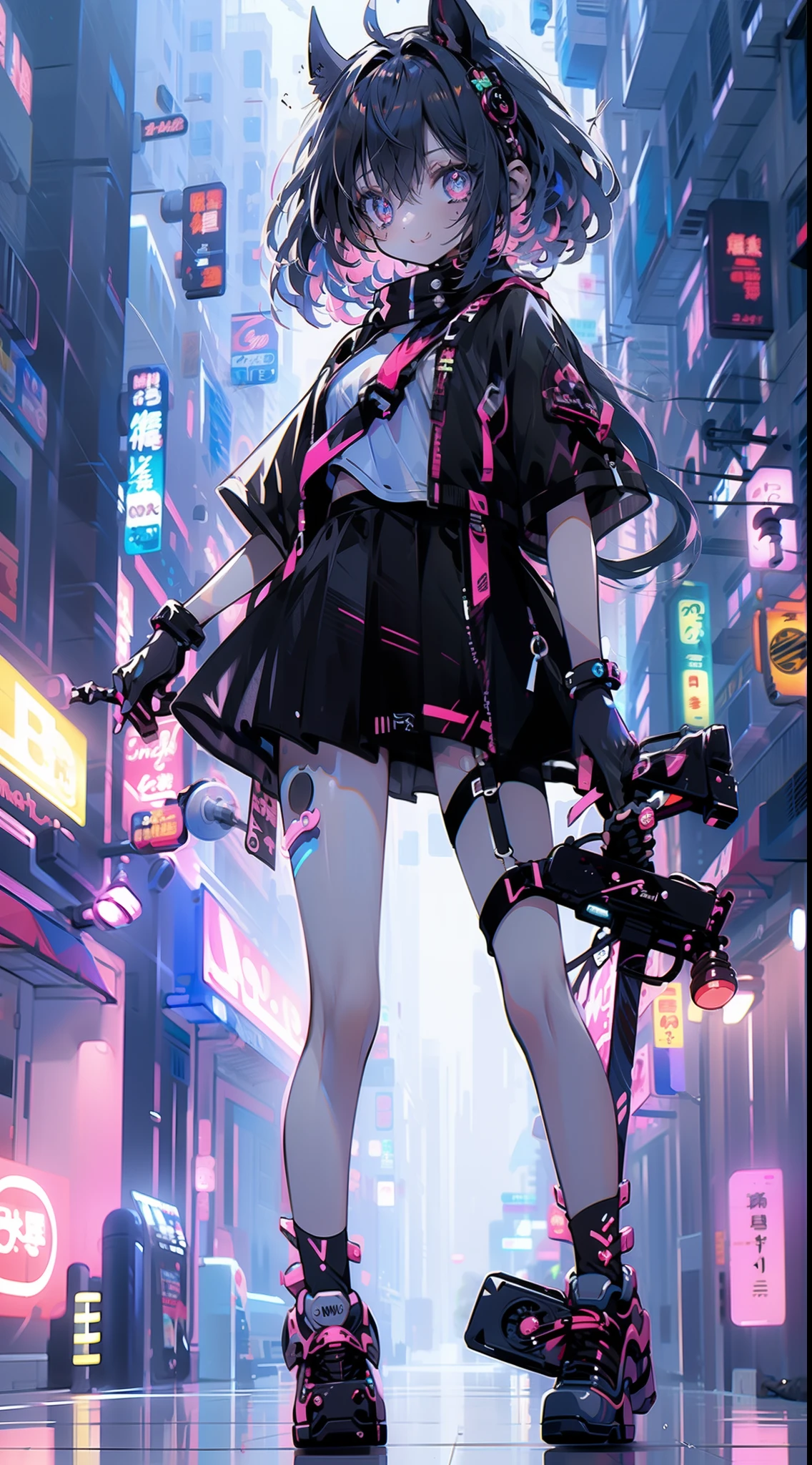 Masterpiece picture quality,Rainbow,Urban girl,ssmile,number art,style of anime,Retro anime girl,Punk girl,in an anime style,dual horsetail,Trendy,neonlight,depth of fields