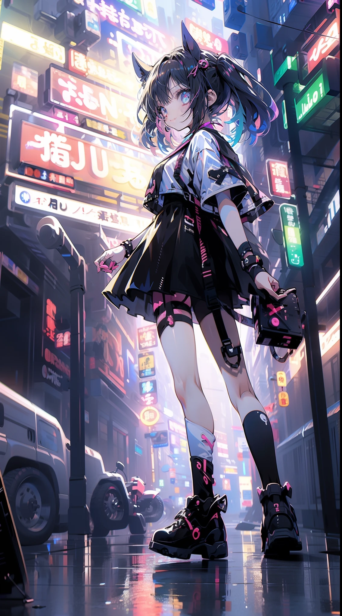 Masterpiece picture quality，Rainbow，Urban girl，ssmile，number art，style of anime，Retro anime girl，Punk girl，in an anime style，dual horsetail，Trendy，neonlight，depth of fields