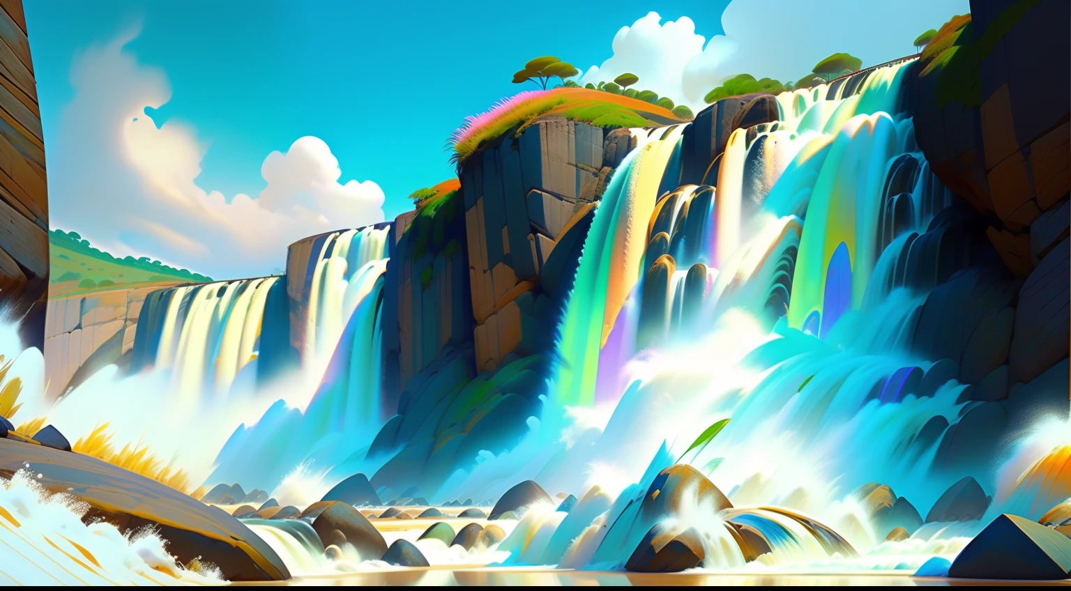 High definition image, imagem extremamente realista em 4k, rio de ouro liquido e brilhante, montanhas de esmeraldas e diamante, cachoeira de ouro, ramos de arruda na beira do rio de ouro, noite com aurora boreal de safiras diamantes ouro, tudo em linha reta