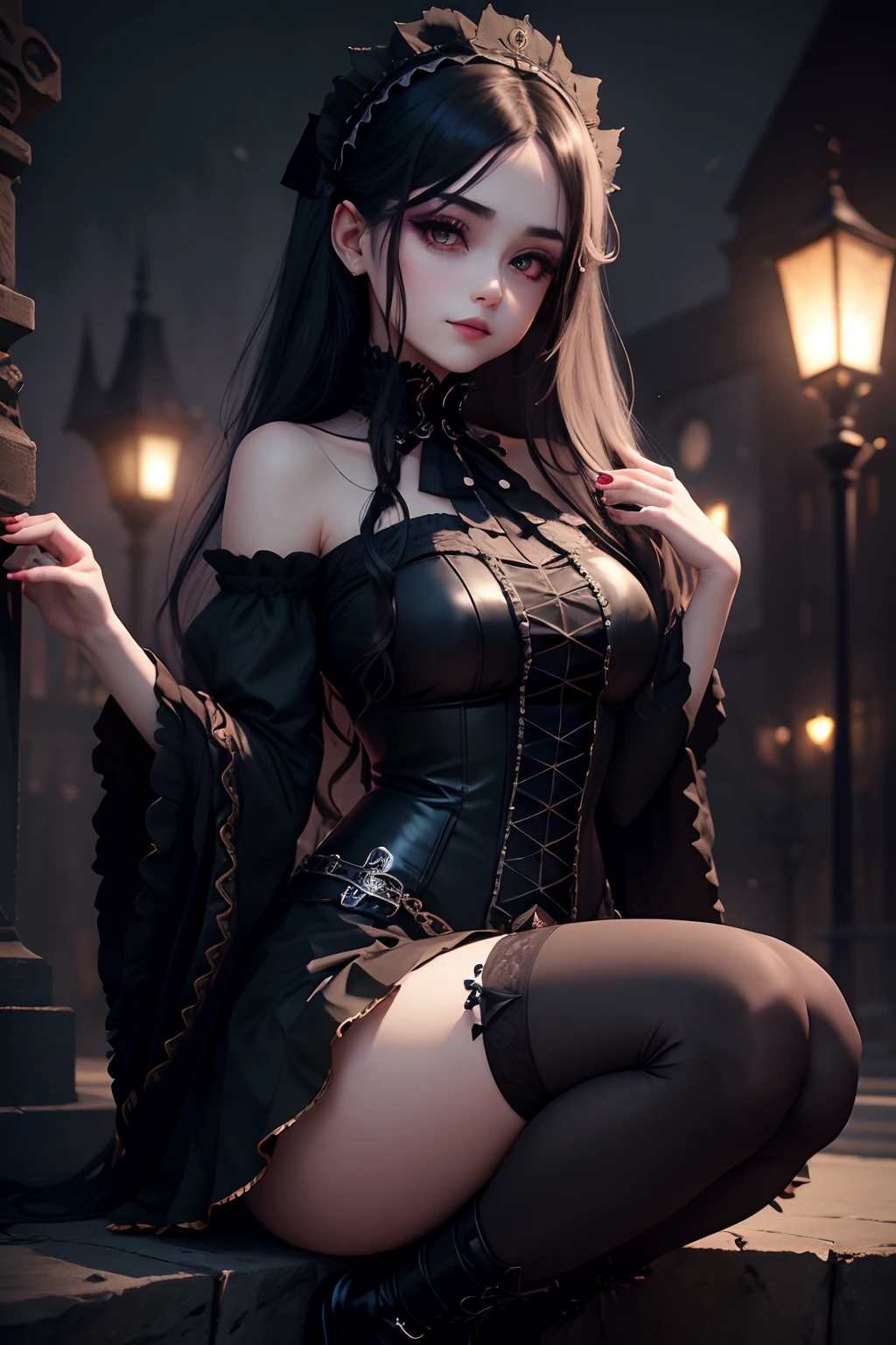 Gothic lolita、gotik、18year old、boredom、garterbelts、knee high socks、A slight smil、A sexy、Glamour、shadings、wretched、Beautie、Glamorous、Dark smile、Dark ambient space、bell sleeves、Wizard Sleeve、Deep、gasp、doress、Cheek dyeing、Beautiful world、Goth Lorica Headband、Mysterious、Poolside background at night、Black long straight hair、Witchish、gasp、synthesizer、purpl eyes、Dark Gothic Makeup、Desire request、