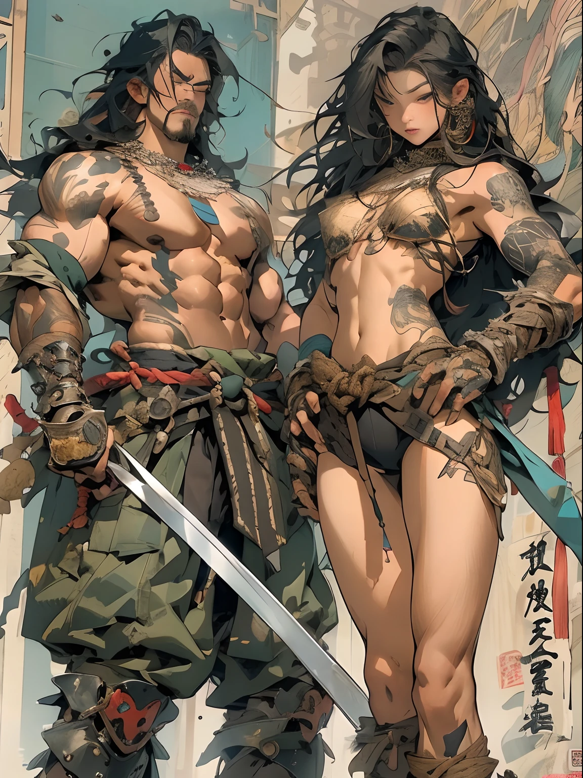 (((mtu))), (((best qualityer))), (((tmasterpiece))), (((AS-Adult))), ((( Japanese ))), Look up from your knees, Handsome Asian samurai，perfect body figure, Modern samurai, ((( Asian))), Wear gloves on your hands，The left arm is made of steel and metal tips，Made of protective devices, The eyes are pulled, (( Appears below the chest )), (( Small dental floss )), Simon Bisley, Almost naked（Simon Bisley）Castle City Wilderness，For high-resolution posters, hair straight, Minimum clothing, armure (Crazy clothes ), Full of tips and rivets, tribal tattoos, (((full bodyesbian))), Straight brunette hair，Colored hair ends