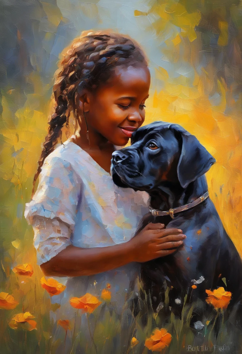 Masterpiece: A cute happy freckled 8-year-old dark ebony black girl, with braided hair, hugs a bullmastiff puppy, million dew drops, in a calm park, serenity, charm, bokeh