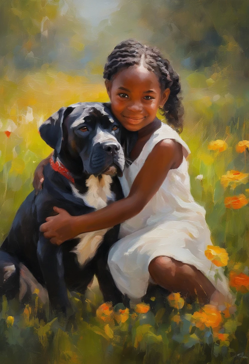 Masterpiece: A cute happy freckled 8-year-old dark ebony black girl, with braided hair, hugs a bullmastiff puppy, million dew drops, in a calm park, serenity, charm, bokeh