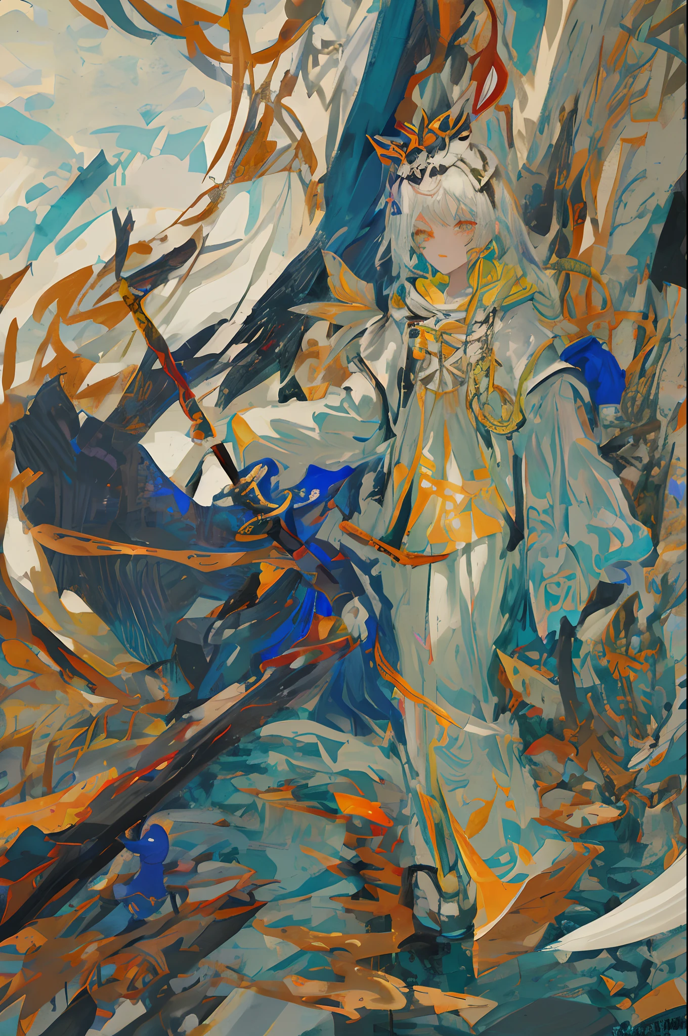 drawing of a man on a surfboard with a sword and a bird, inspired by Wilfredo Lam, inspired by Wifredo Lam, scythe design, unknown artstyle, fantasy scythe, painted in the style arcane, artistic drawing, !!!anthropomorphic!!!, sketchy artstyle, spirit fantasy concept art, amaterasu, with leviathan axe