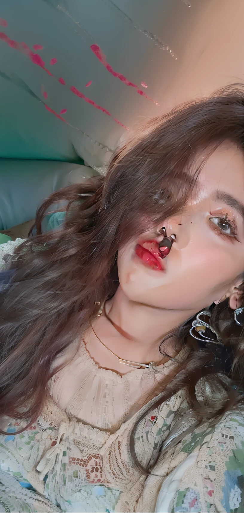 There is a woman lying on a bed with a pillow, Dans le style de Petra Collins, Poor quality photography, Charli Bowater, Un portrait de Lana del Rey, low quality photo, Petra Collins, Color photo from the 90s, Photo en couleur, low-quality granular, Photo granuleuse, Photo en couleur, digital art. @Mariomaniacdude, an album cover