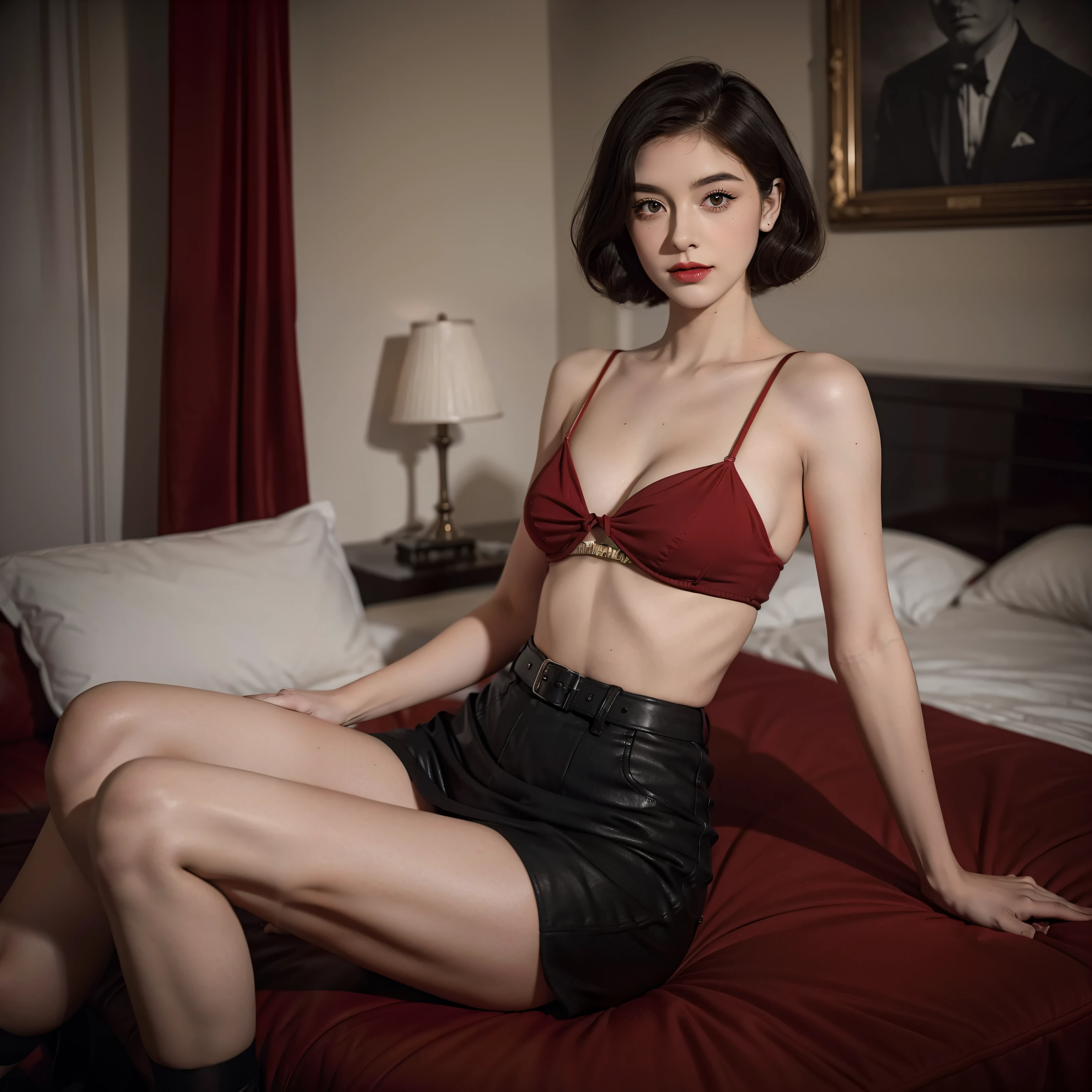 Mallory Malone's costume description is very detailed, Unique and interesting style. toppless,barechested,、A fitted black knee-length skirt with red accents creates a striking visual contrast. The addition of a black heel with ankle strap is、Adds a classy touch to the look. Apart from clothes, Vintage 1950s Bob Hairstyles、Adds a retro and timeless element to Mallory Malone's style. This type of hairstyle is、Known for its neat and short appearance, Typically、Jaw length with both ends turned inward. This hairstyle selection is、Add a vintage touch to the look、Complements Mallory's overall style. Makeup also plays an important role in the appearance of Mallory Malone. Although there are no specific details about makeup mentioned in the description, It is possible to imagine that she may be rocking a 1950s-inspired look.Happy,I see underwear,taking off shirt,Chest exposed,toppless,
