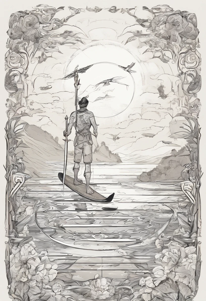 drawing of a man on a surfboard with a sword and a bird, inspired by Wilfredo Lam, inspired by Wifredo Lam, scythe design, unknown artstyle, fantasy scythe, painted in the style arcane, artistic drawing, !!!anthropomorphic!!!, sketchy artstyle, spirit fantasy concept art, amaterasu, with leviathan axe
