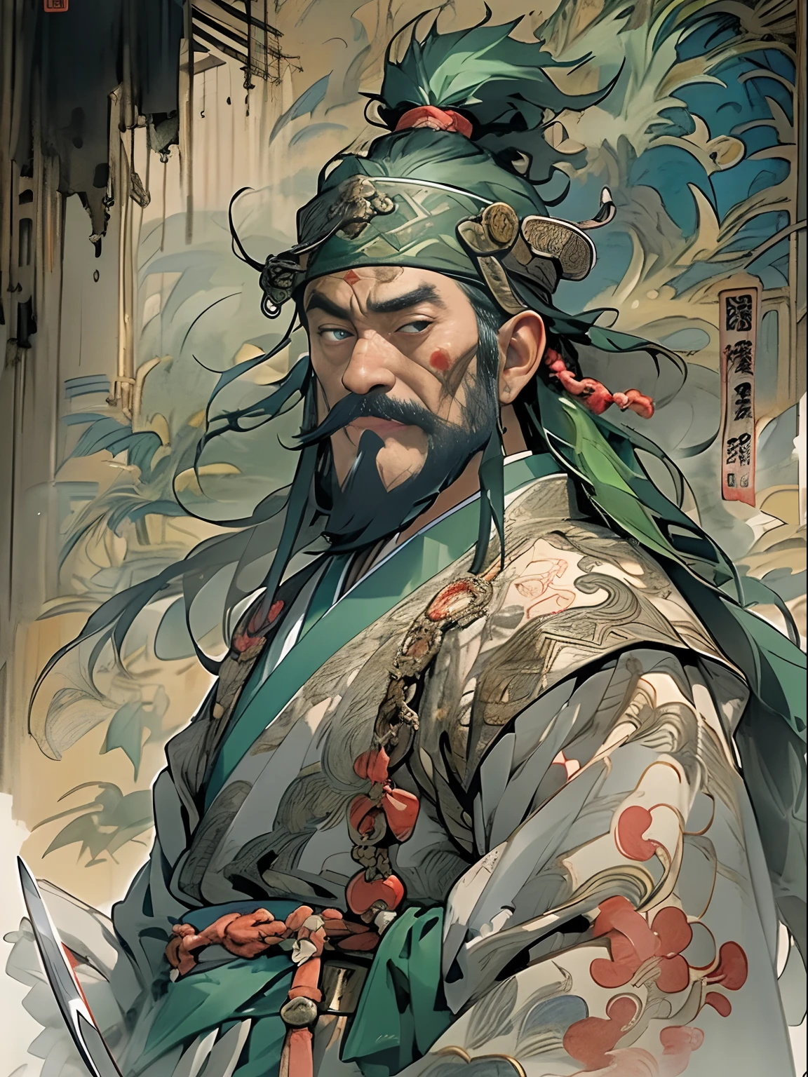 (((China-style，Ink painting method，Half-length portrait，Intense color，Han dynasty, China，Hanfu，Armor，Guan yu，Guan Yunchang，of a guy，Ruddy killing square face，Hold the Blue Dragon Moon Knife in his right hand，Stroke your beard with your left hand，Long hair，petty eyes，Green robe))), (((best qualityer))), (((tmasterpiece))), (((AS-Adult))), ((( Japanese ))), Look up from your knees, Handsome Asian samurai，perfect body figure, Modern samurai, ((( Asian))), Wear gloves on your hands，The left arm is made of steel and metal tips，Made of protective devices, The eyes are pulled, (( Appears below the chest )), (( Small dental floss )), Simon Bisley, Almost naked（Simon Bisley）Castle City Wilderness，For high-resolution posters, hair straight, Minimum clothing, armure (Crazy clothes ), Full of tips and rivets, tribal tattoos, (((full bodyesbian))), Straight brunette hair，Colored hair ends