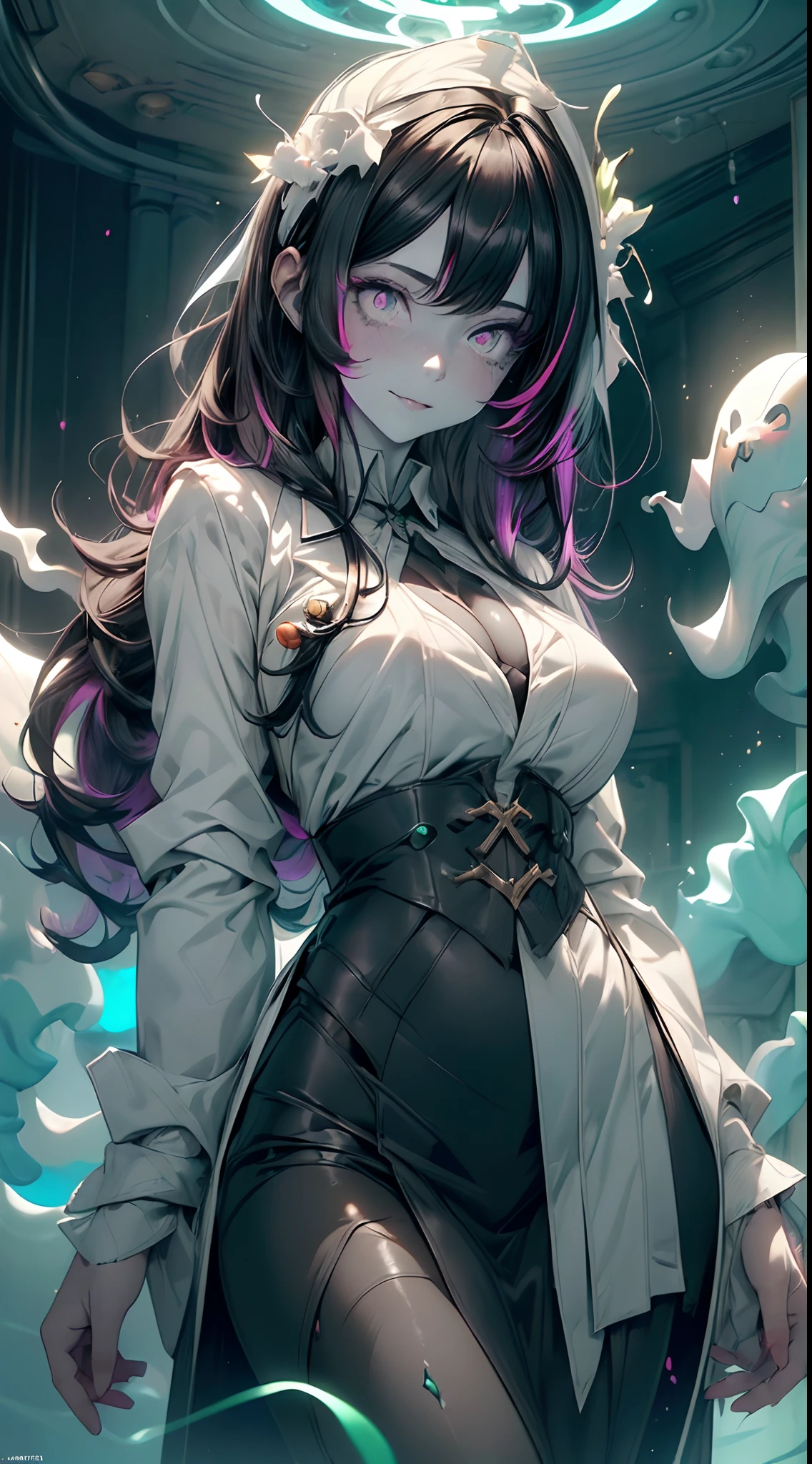 (ghosty:1.85) (doctor:1.5) (nurse:0.4) girl, (white doctor coat:1.4), (spirit, spiritual:1.2), 1girl, perfect and well designed glowing shiny eyes, (beautiful detailed eyes:1.05), natural medium breasts, slim body, beautiful and delicate cute face, (face detail), ((realistic face)), pores, ((pale grey skin)), detailed skin, realistic skin, (((bioluminescence))), ((shiny skin)), (multicolored gradation skin), (monster girl:1.25), human face, medium length hair, hair voluminous, (((((multicolored gradation hair))))), (dark-haired:1.65), super high resolution, 8k, parameters Best quality, (masterpiece:1.4), (magic accessories:1.4), bracelets, extremely detailed thick tight ((white:1.5), (green:1.2), (pink:0.5)) medical outfit, (shirt:1.4), skirt, (standing nipples under cloth:1.2), (neckline:1.3), (cleavage:1.1), (decolette:1.15), Young Girl, Little Beast, (Smile:0.9), (pale Skin:1.85), ultra detailed, photorealistic, ((Real image)), (best quality:1.4), super high resolution, (Realistic 2.0), More details, (((1girl))), {(medical ward:1.2)|(doctor office:1.2)}, (beautiful and aesthetic:1.2), (fractal art:1.4), (cinematic light:1.1), (close DUTCH ANGLE:1.2), 16K, HDR, RTX, Ray Tracing, Radiosity, Anisotropic Filtering, Subsurface Scattering, (((magic lights))), metallic reflections, Detailed, Realistic, 4k highly detailed digital art, (cool_color), extremely detailed CG unity 8k wallpaper, vibrant colors, (seductive pose:1.6)
