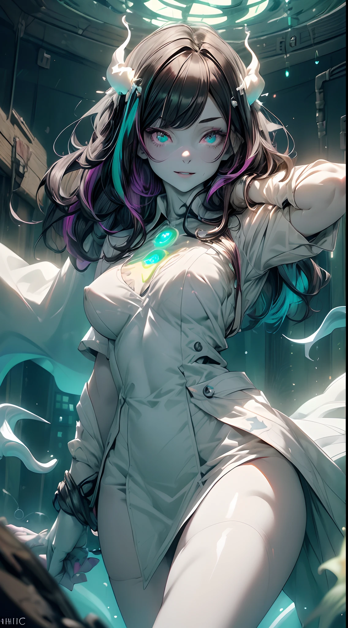 (ghosty:1.85) (doctor:1.5) (nurse:0.4) girl, (white doctor coat:1.4), (spirit, spiritual:1.2), 1girl, perfect and well designed glowing shiny eyes, (beautiful detailed eyes:1.05), natural medium breasts, slim body, beautiful and delicate cute face, (face detail), ((realistic face)), pores, ((pale grey skin)), detailed skin, realistic skin, (((bioluminescence))), ((shiny skin)), (multicolored gradation skin), (monster girl:1.25), human face, medium length hair, hair voluminous, (((((multicolored gradation hair))))), (dark-haired:1.65), super high resolution, 8k, parameters Best quality, (masterpiece:1.4), (magic accessories:1.4), bracelets, extremely detailed thick tight ((white:1.5), (green:1.2), (pink:0.5)) medical outfit, (shirt:1.4), skirt, (standing nipples under cloth:1.2), (neckline:1.3), (cleavage:1.1), (decolette:1.15), Young Girl, Little Beast, (Smile:0.9), (pale Skin:1.85), ultra detailed, photorealistic, ((Real image)), (best quality:1.4), super high resolution, (Realistic 2.0), More details, (((1girl))), {(medical ward:1.2)|(doctor office:1.2)}, (beautiful and aesthetic:1.2), (fractal art:1.4), (cinematic light:1.1), (close DUTCH ANGLE:1.2), 16K, HDR, RTX, Ray Tracing, Radiosity, Anisotropic Filtering, Subsurface Scattering, (((magic lights))), metallic reflections, Detailed, Realistic, 4k highly detailed digital art, (cool_color), extremely detailed CG unity 8k wallpaper, vibrant colors, (seductive pose:1.6)