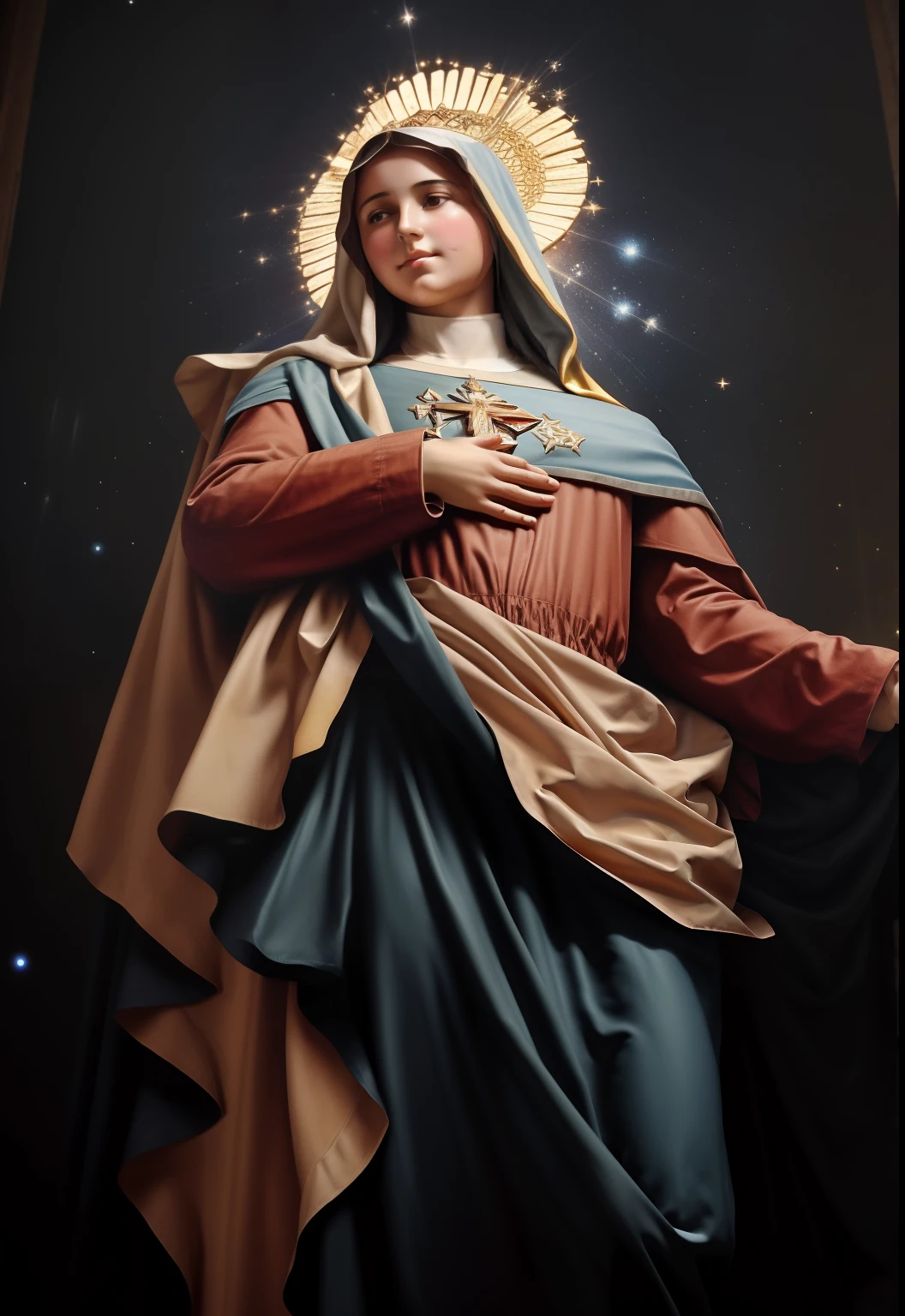 (((Blessed Virgin Mary of Mount Carmel))) Luminoso, en estilo similar al del artista WILLIAM ADOLPHE BOUGUEREAU, obra maestra, (La mejor calidad: 1.2), (super fine: 1.2), illustration, (extremadamente delicado y hermoso: 1.2), movie angle, flotante, (Hermoso ojo de detalle: 1.1), (detalle luz: 1.1), Movie Lights, Cielo delicado, ojos azules, (Cola de caballo alta: 1.1), capa, ojuelos, cielo estrellado, (light particles: 1.1) dibujo, flor. (obra maestra), (La mejor calidad), (fotorrealista:1.3), 8k, Textura detallada de la piel, Textura detallada de la tela, hermosa cara detallada, Detalles intrincados, ultra detallado (cuerpo de cuerpo entero:1.2)