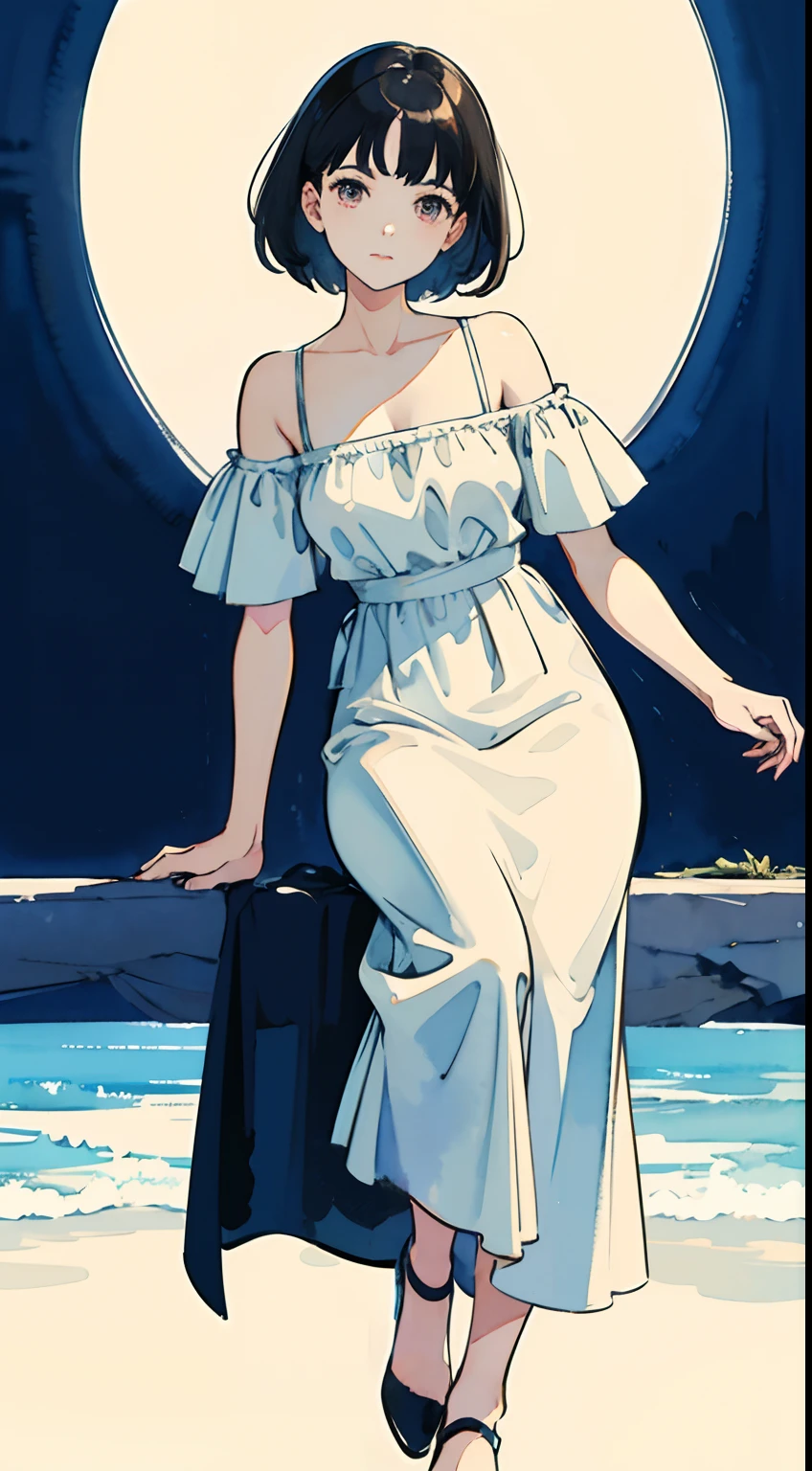 (Watercolor in Sargent style)、(top-quality、masterpiece)、Soft light、1人、exposed shoulder、full body Esbian、
