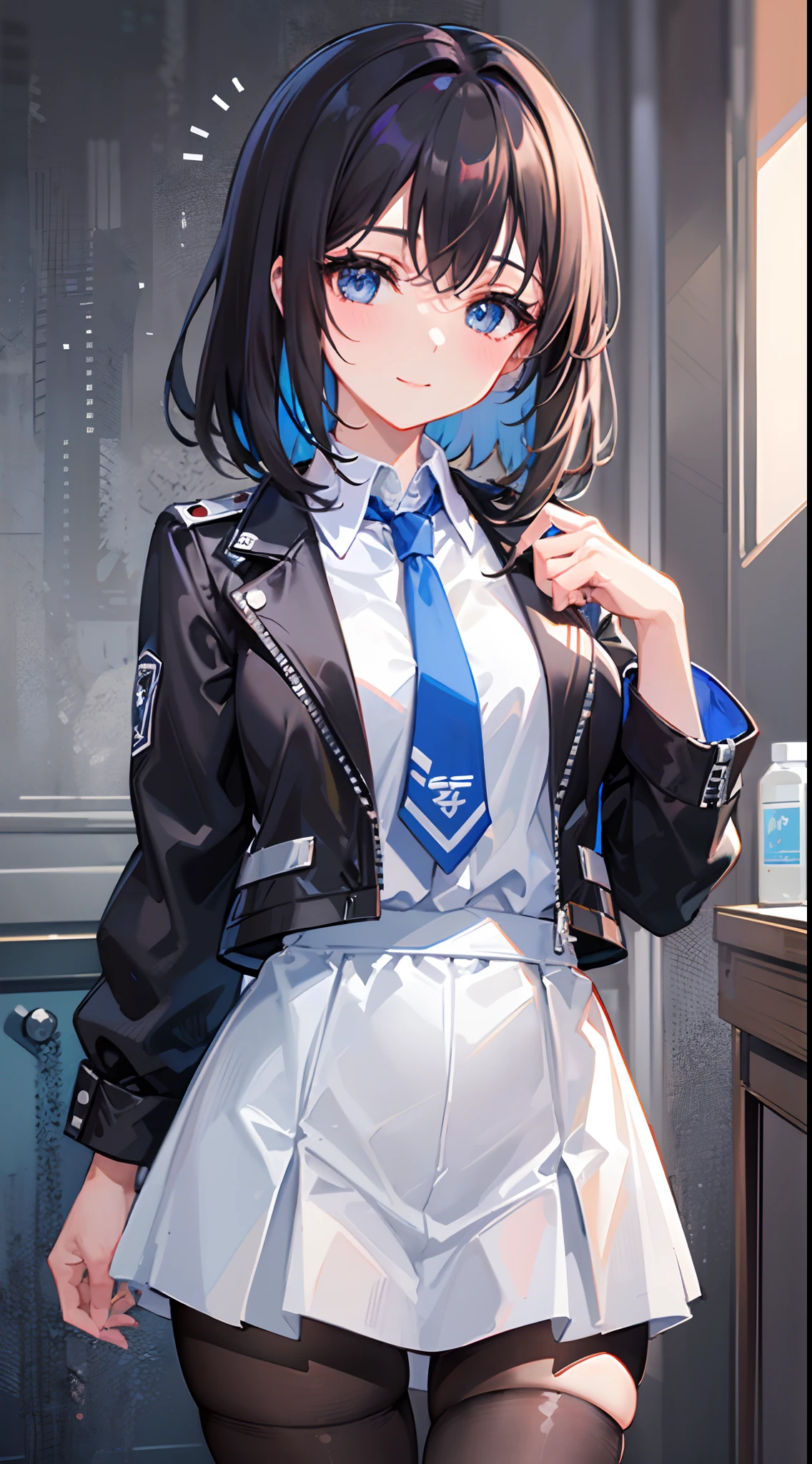 ((top-quality)), ((tmasterpiece)), ((ultra - detailed)), (Extremely Delicately Beautiful), Girl vs, 独奏, Cold attitude,((Black jacket)),She is very(Relax)with the(settle down)looks,brunette color hair, depth of fields,ssmile,bright light blue eyes,inner colored,Black hair and light blue ends,Cold background,Bob Hair - Linear Art,black pantyhoses、A white uniform like a school uniform、Light blue ribbon ties