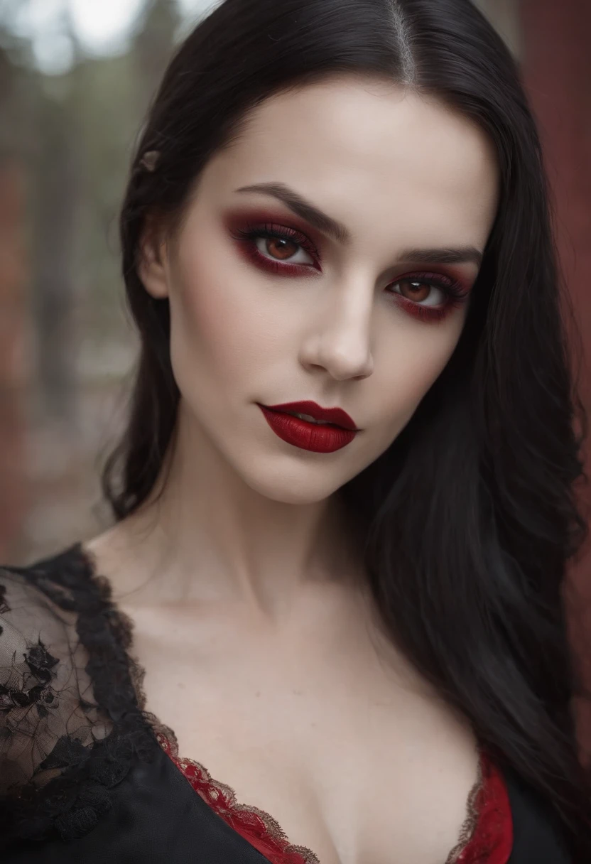 mulher com cabelo preto e batom vermelho posando para uma foto, beautiful scary female vampire, Retrato do vampiro bonito, beautiful female vampire, rainha feminina vampira bonita, vampiro mulher, Retrato de uma senhora vampira, rainha vampira bonita, female vampire, Carmilla Vampiro, menina vampiro, vampiro assustador, retrato do vampiro, moda vampiro, com presas, presas de vampiro